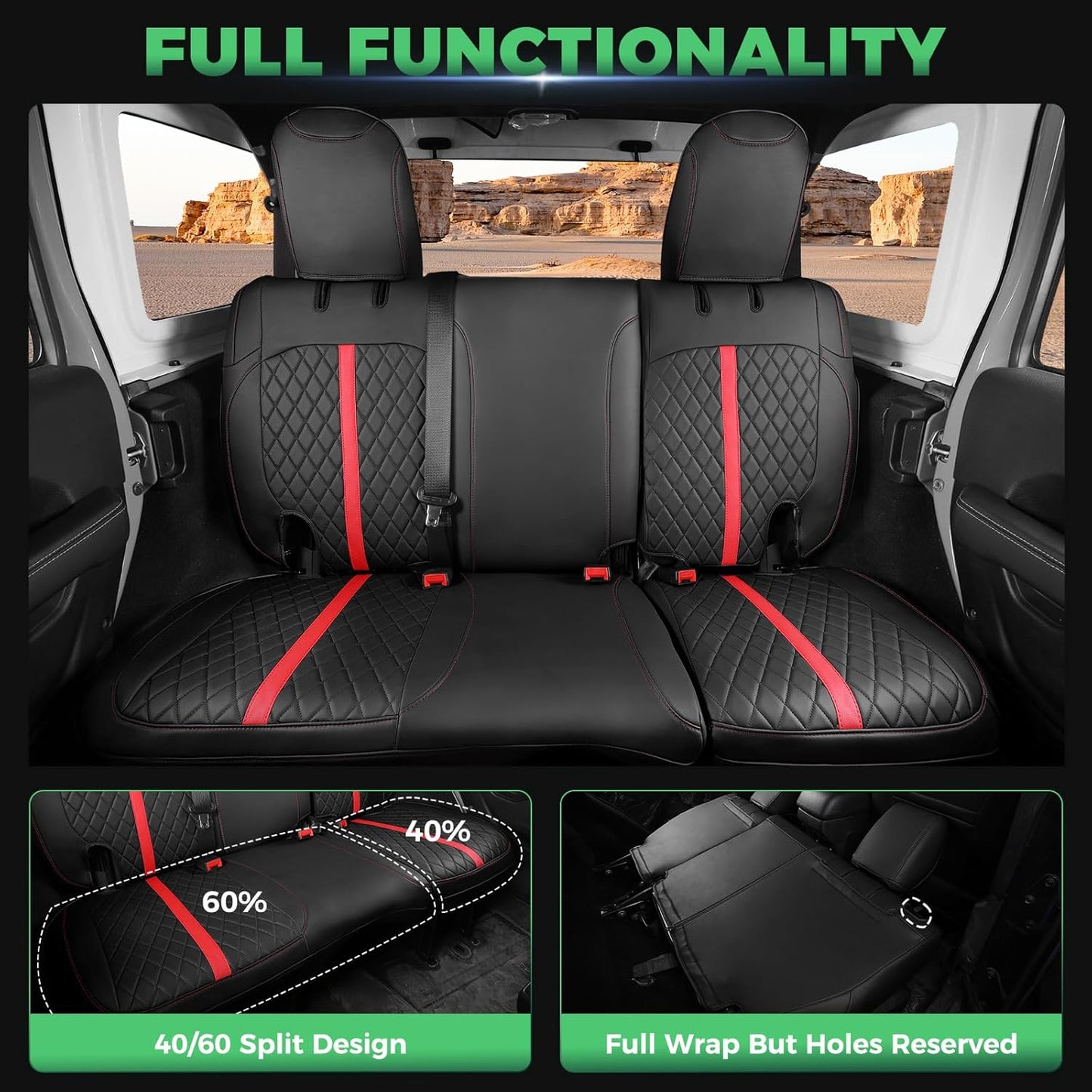 for Jeep Wrangler Seat Covers 4Door JK 2013 2014 2015 2016 2017, Custom Car Seat Cover Full Set, Luxury Leather Seat Protectors, Waterproof SUV Interior Cushions Accessories, Black Red Trim