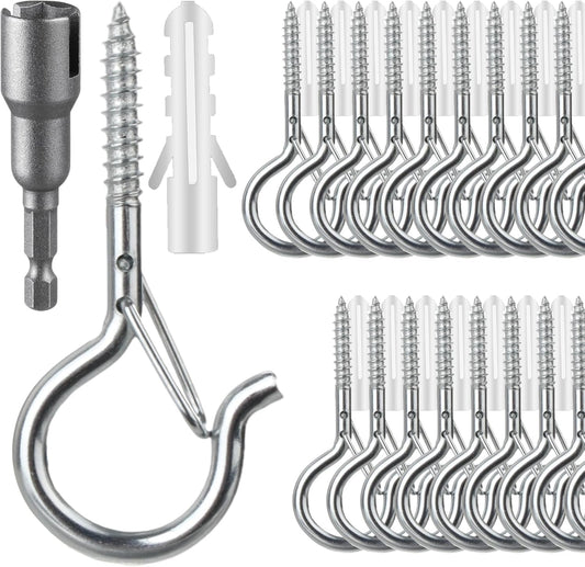 24 PCS Q-Hanger Hooks, Screw Hooks for Outdoor String Lights, Safety Buckle Design Cup Eye Hook for Hanging Christmas Lights, Plants, Mounted on Wall Ceiling, Include 1 Wing Nut Driver, Silver