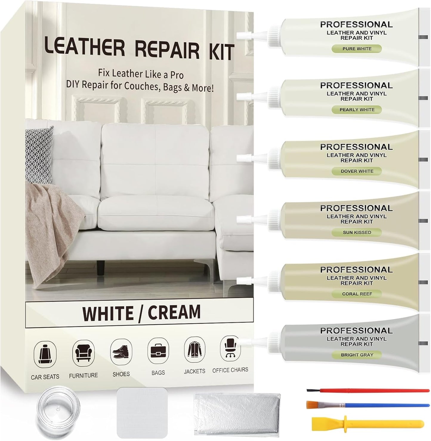 Leather Repair Kit,Car Seats, Sofa,Jacket & Purse - Repairs Burn Holes,Scratches,Tears - Restores Faux,Vinyl,Artificial and Real Leather (Beige)