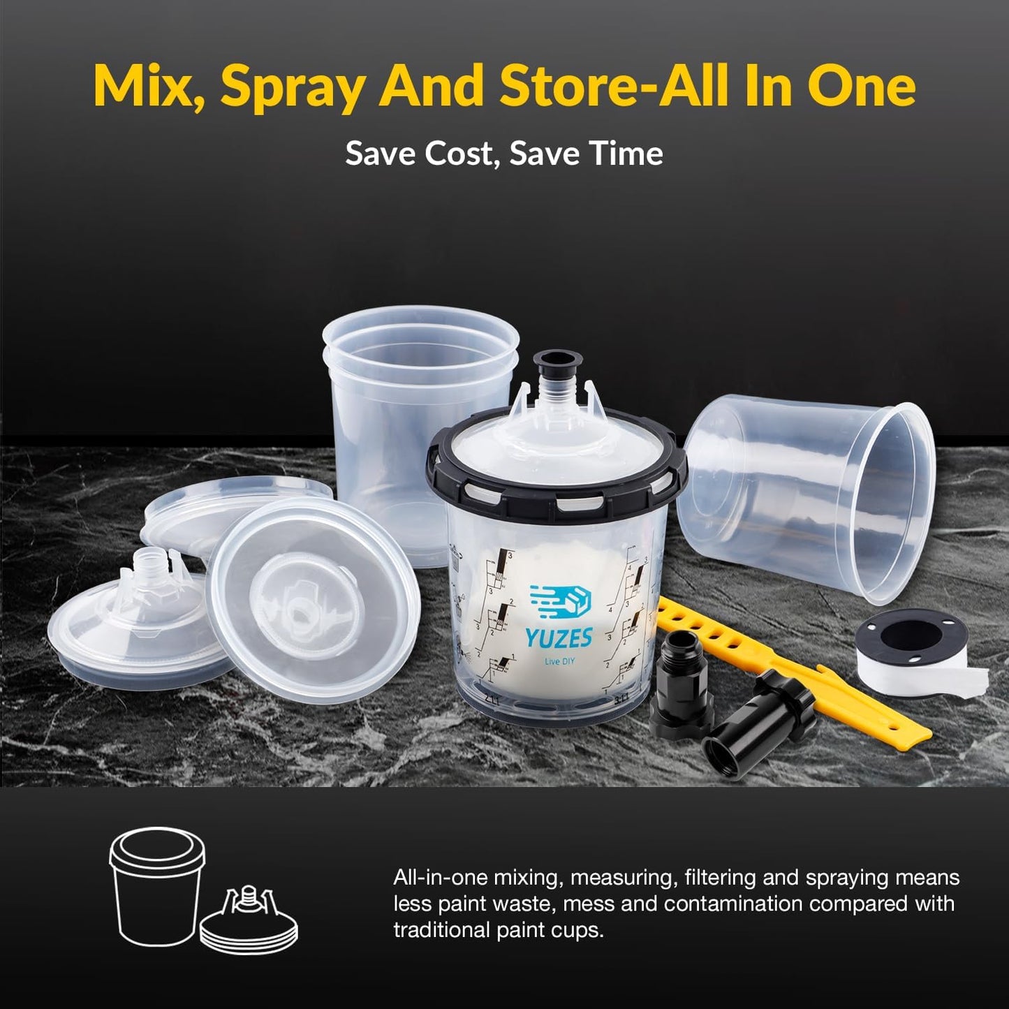 YUZES Paint Mixing Cups System 20 Ounce (600ml), 50 Disposable Paint Cups Liners and Lids, 2 Hard Cup with Retainer Ring, 20 Plugs, PTFE Tape, Paint Stirrer, 2 Cup Adapter for Automotive Paint Gun