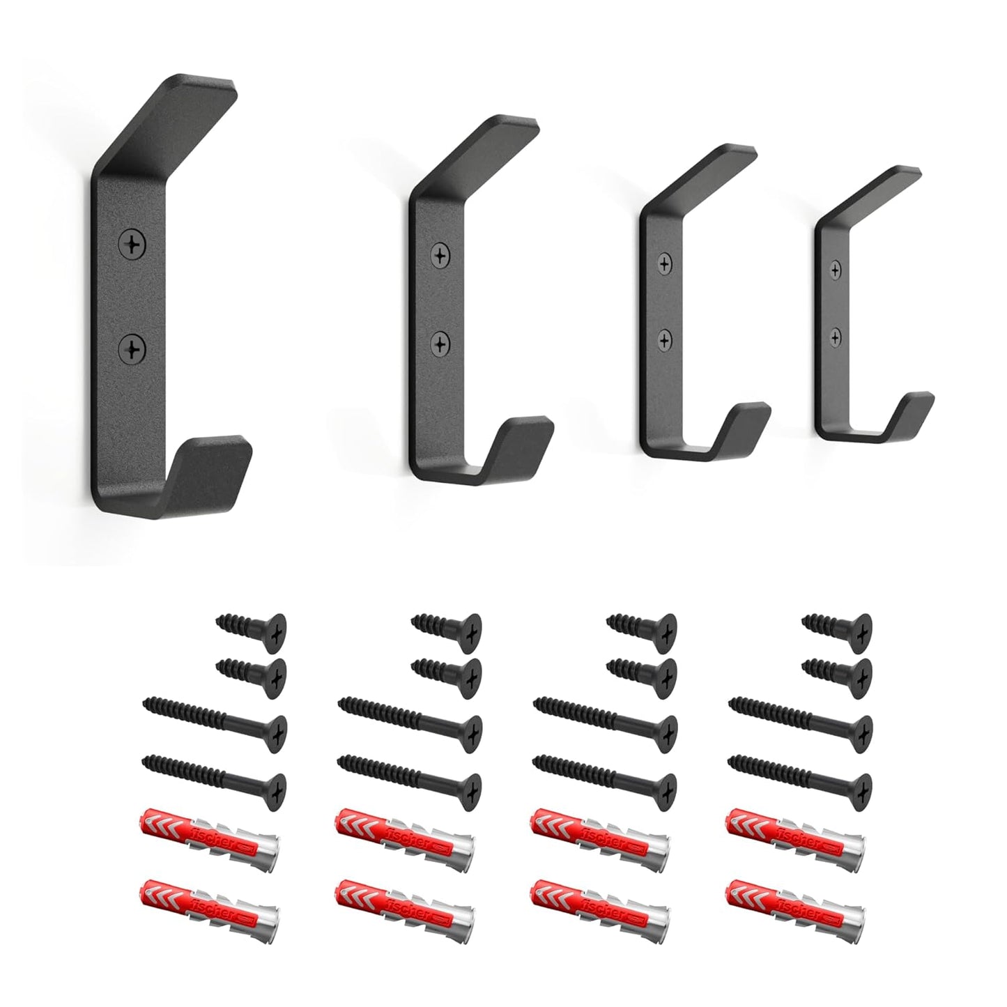 Wall Hooks Double Hook 4-Pack - Made in USA - 50 lb Capacity Stel Coat Hooks, Powder Coated Metal Wall Mount Hooks for Entryway, Garage, Bathroom.