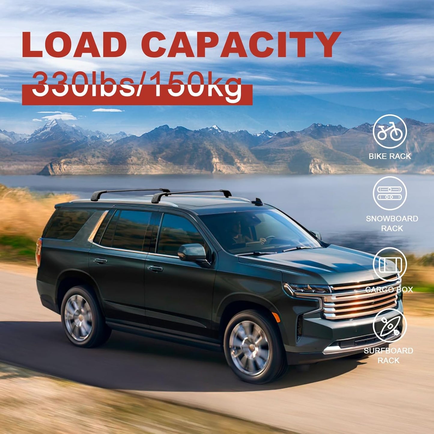 KINGGERI Lockable 330lbs Roof Rack Cross Bars Compatible with 2021 2022 2023 2024 2025 Chevy Tahoe & Chevrolet Suburban & GMC Yukon XL & Cadillac Escalade ESV, Heavy Duty Rooftop Aluminum Crossbar