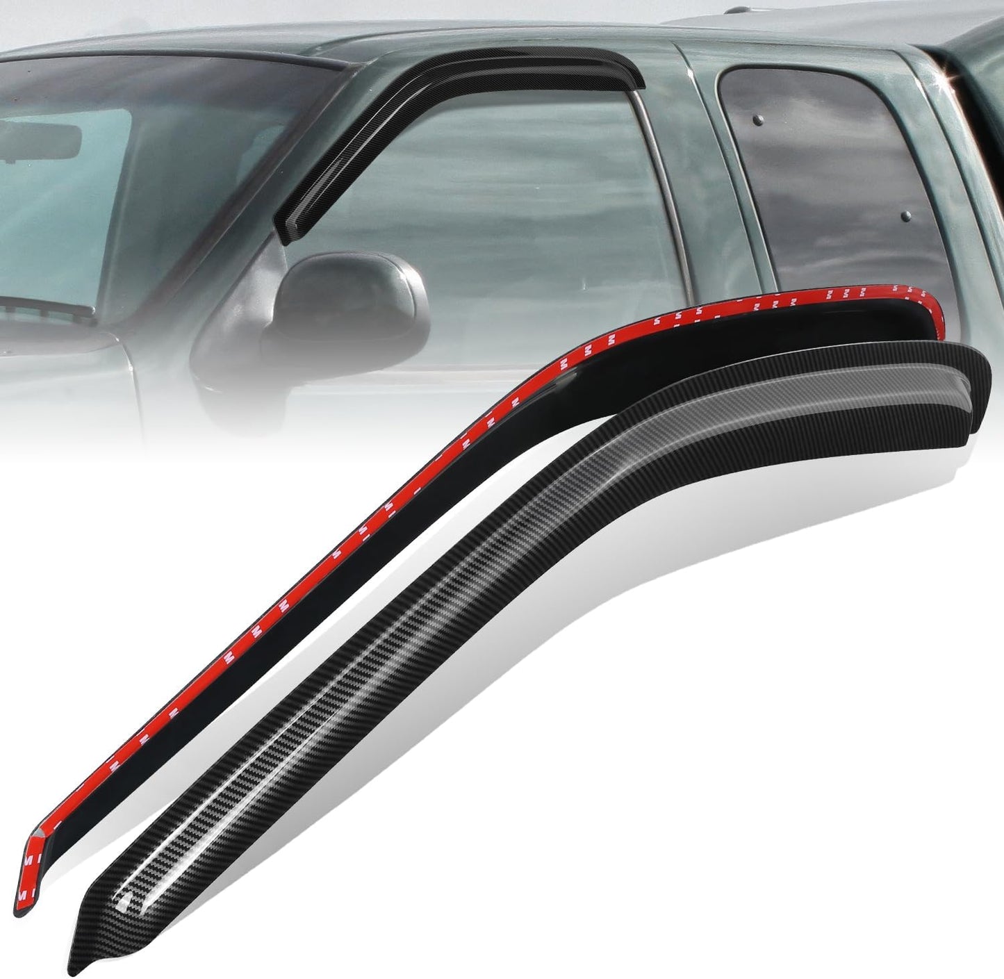 Auto Dynasty Set of 2 Carbon Fiber Pattern Window Visors Compatible with 1997 1998 1999 2000 2001 2002 2003 2004 Ford F150 F250 Heritage, Tape-On Rain Guards Shield Vent Shade Deflector Glossy Black