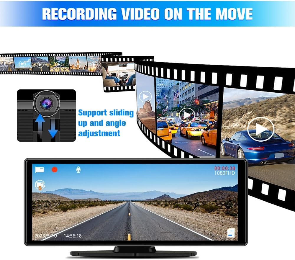 Portable Wireless CarPlay Screen for Car with 4K Dash Cam and 1080P Backup Camera, Car Stereo with 10.26”IPS Touch Screen, Support Carplay/Android Auto/GPS/Bluetooth/Mirror Link/AirPlay