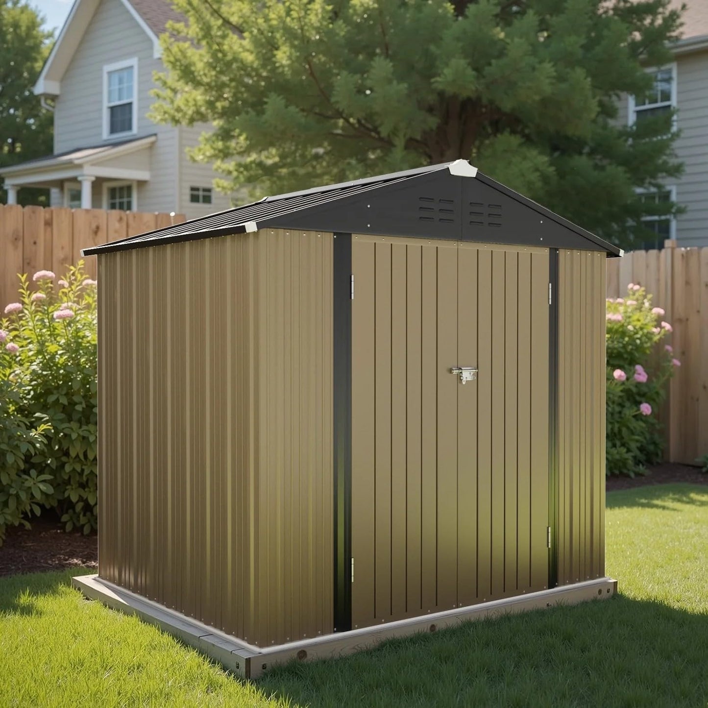Greesum 8×6FT Outdoor Storage Shed, Metal Patio Storaged Sheds with Lockable Doors, Sheds & Outdoor Storage for Bike, Backyard, Pool and Garden, Brown