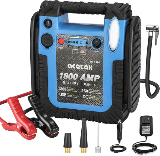 1800 Amp Jump Starter with Air Compressor, acetek Car Battery Jump Starter 260 PSI Tire Inflator, 20000 mAh 12V Auto Lead-Acid Battery Booster (Up to 6L Gas or 6L Diesel Engine) with LED Light & USB