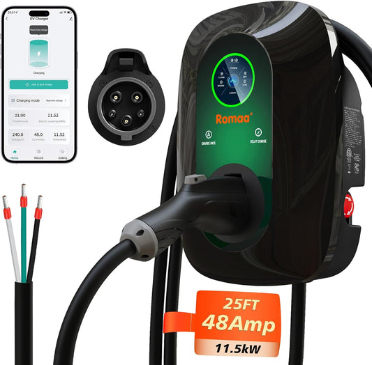 Level 2 EV Charger, 48 Amp 240V Hardwired Fast Charging, Smart WiFi Control, Adjustable Current, Delay Timer, 25ft Cable, J1772 Charger, EV Chargers for Home Level 2, LCD Display, Black
