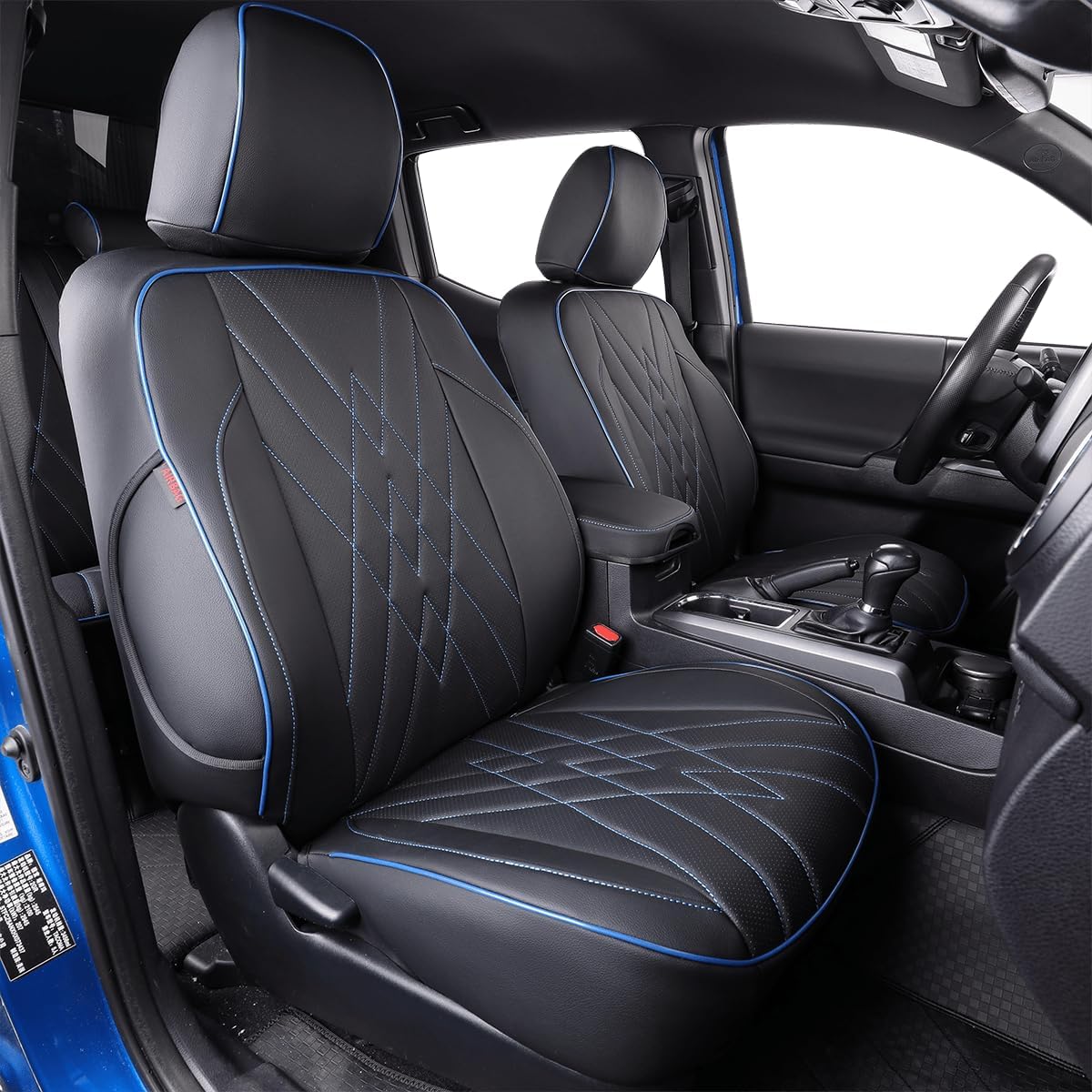 EKR Custom Fit Tacoma Car Seat Covers for Select Toyota Tacoma 2024 2025 Xtra Cab SR -Full Set,Leather (Black with Blue Trim)