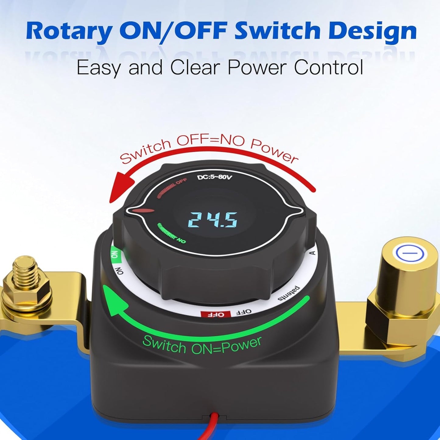 MaySpare Top Post Battery Disconnect Switch with Digital Voltage Display, DC 5-80V On Off Kill Switch, Voltmeter Power Cut Master Disconnect Isolator for Car RV Marine Boat Camper Truck Trailer