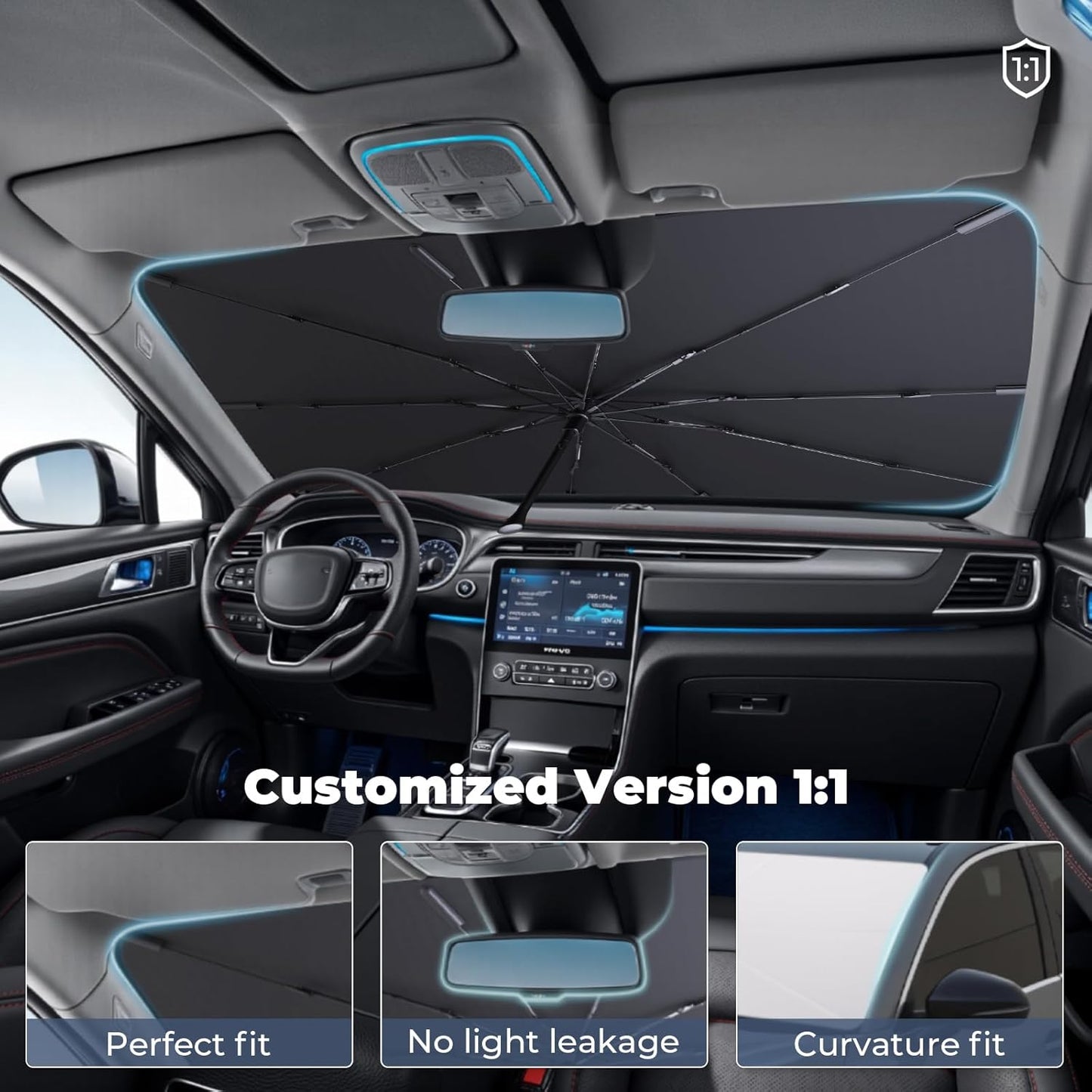 Windshield Sun Shade Umbrella Compatible with 2017-2024 Chevy Bolt EV Accessories: Custom Fit 210T Silver, Foldable Sunshade Front Window Sun Visor, Blocks UV Rays, Keeps Car Cool for LT, Premier