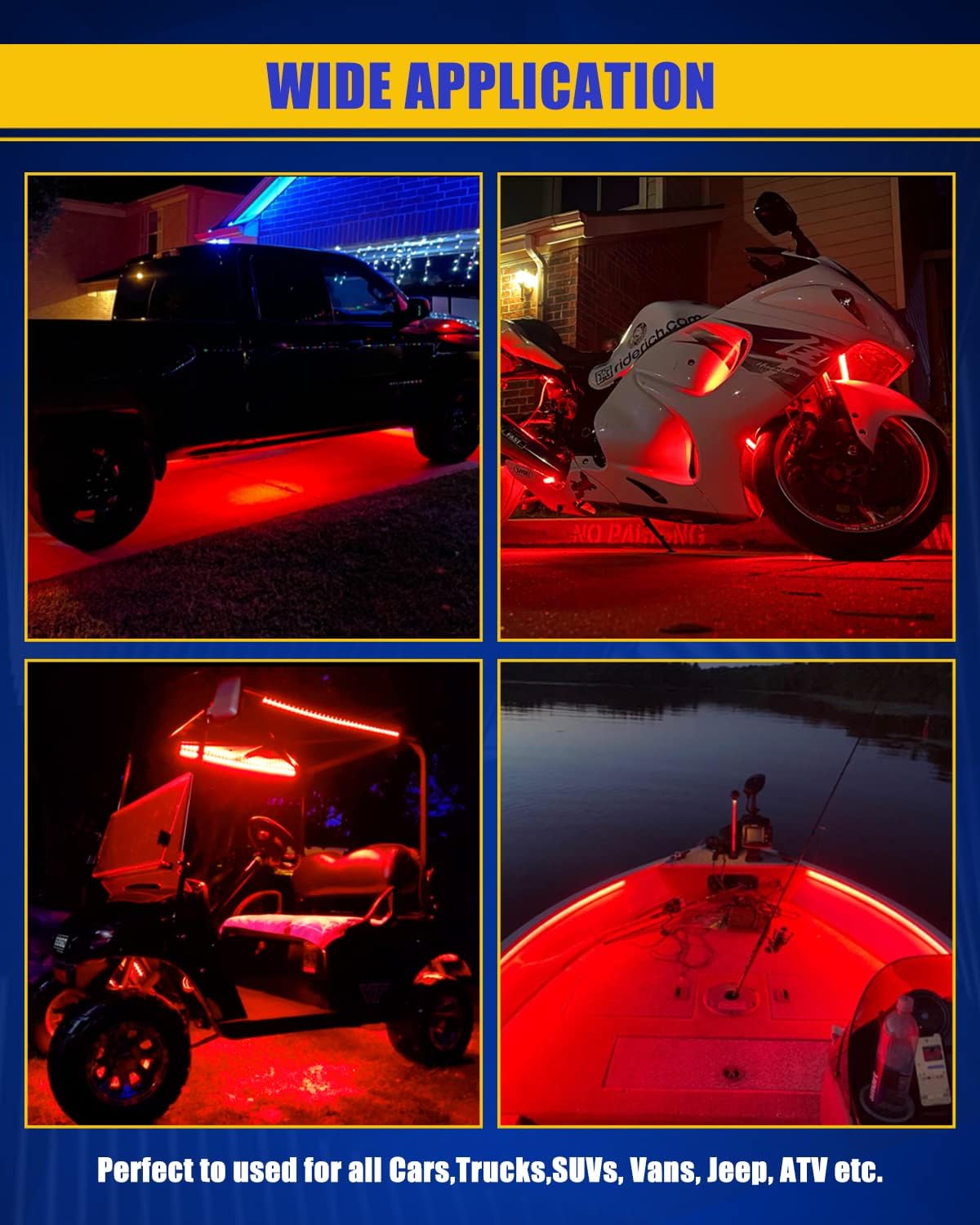 Car Led Strip Lights, Golf Cart Lights, 12V LED Strip Light for Truck Car Motorcycle Boat Marine RV Golf Cart Truck Trailer Cargo Home Led Strip Red,12inch(Pack of 4)