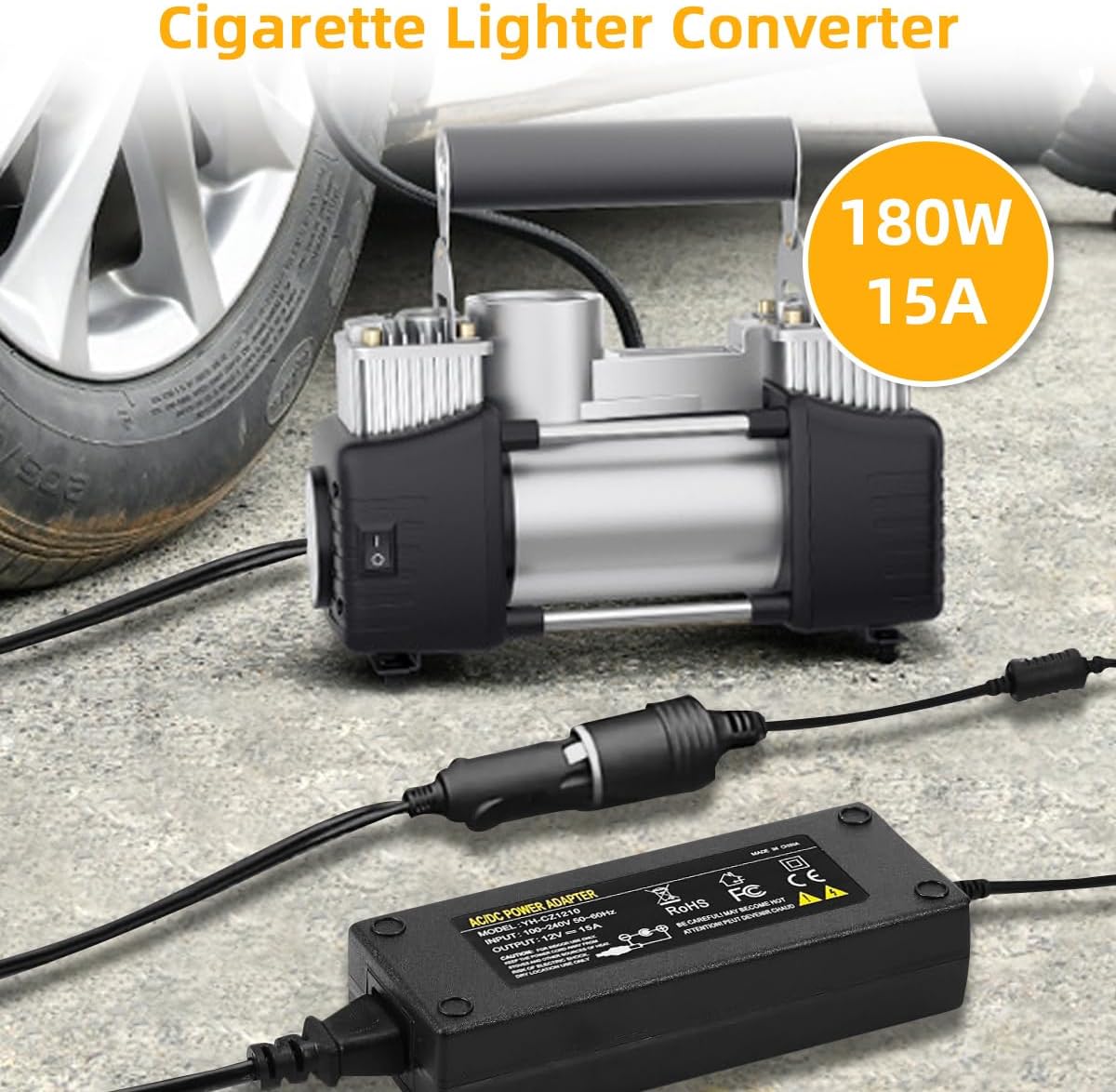 180W AC to DC Converter, 100V ~ 240V to 12V 15A Car Cigarette Lighter Socket AC/DC Adaptor Power Supply for Car Refrigerator, Tire Inflator, Vacuum Cleaner and Other Devices 7.2FT