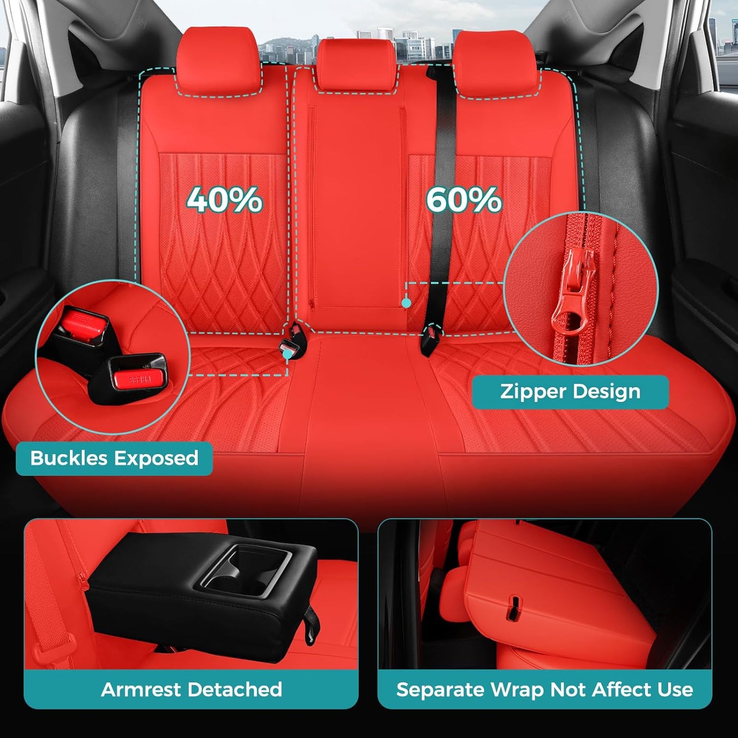 Seat Covers for Honda Civic Hatchback EX, Sport Touring, EXL 2016 2017 2018 2019 2020 2021, Faux Leather Car Seats Cover Full Set(Rear Row 40/60 Split & Folding Backrest)-RED