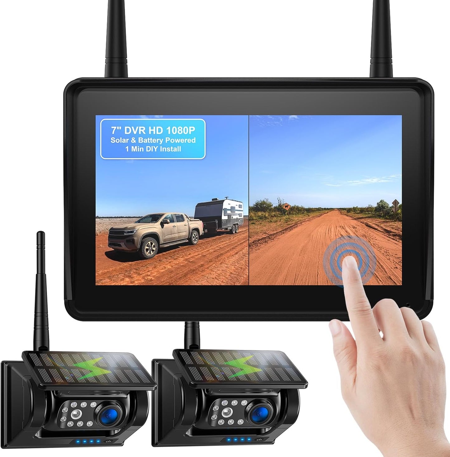 Fookoo 2 Magnetic Solar Wireless Backup Camera 7" IPS Touchscreen Monitor 1 Min DIY Install Portable Scratch-Proof No Drilling HD 1080P DVR Rechargeable Night Vision for Car RV Truck Camper - DCM702