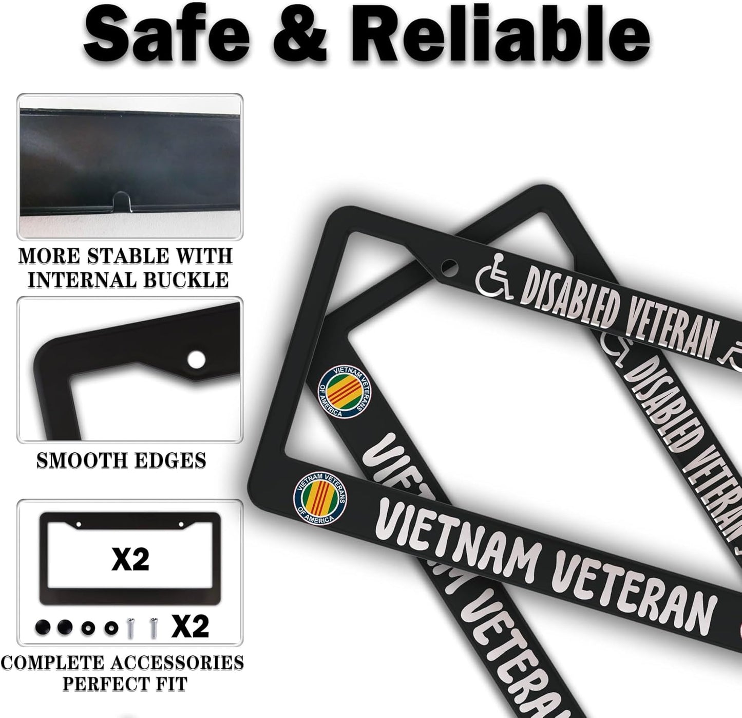 License Plate Frames Black and White License Plate Covers Disabled Vietnam Veteran Universal Aluminum Car Accessory 2 Pack with Screw Covers Set