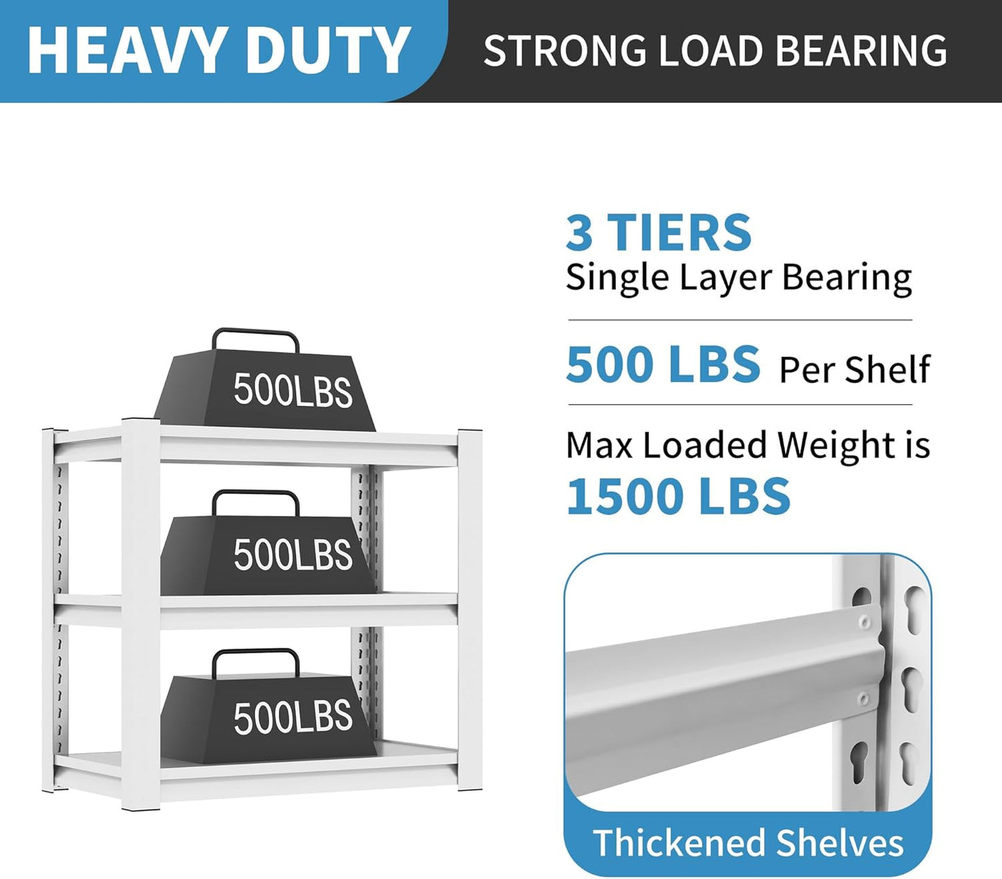31.5" H Metal Storage Shelving, 1500LBS Heavy Duty Shelves Unit, Adjustable 3 Tier Storage Rack, Industrial Utility Shelf for Garage, Warehouse, Bedroom, Kitchen,18" D×34“W×31.5”H, White