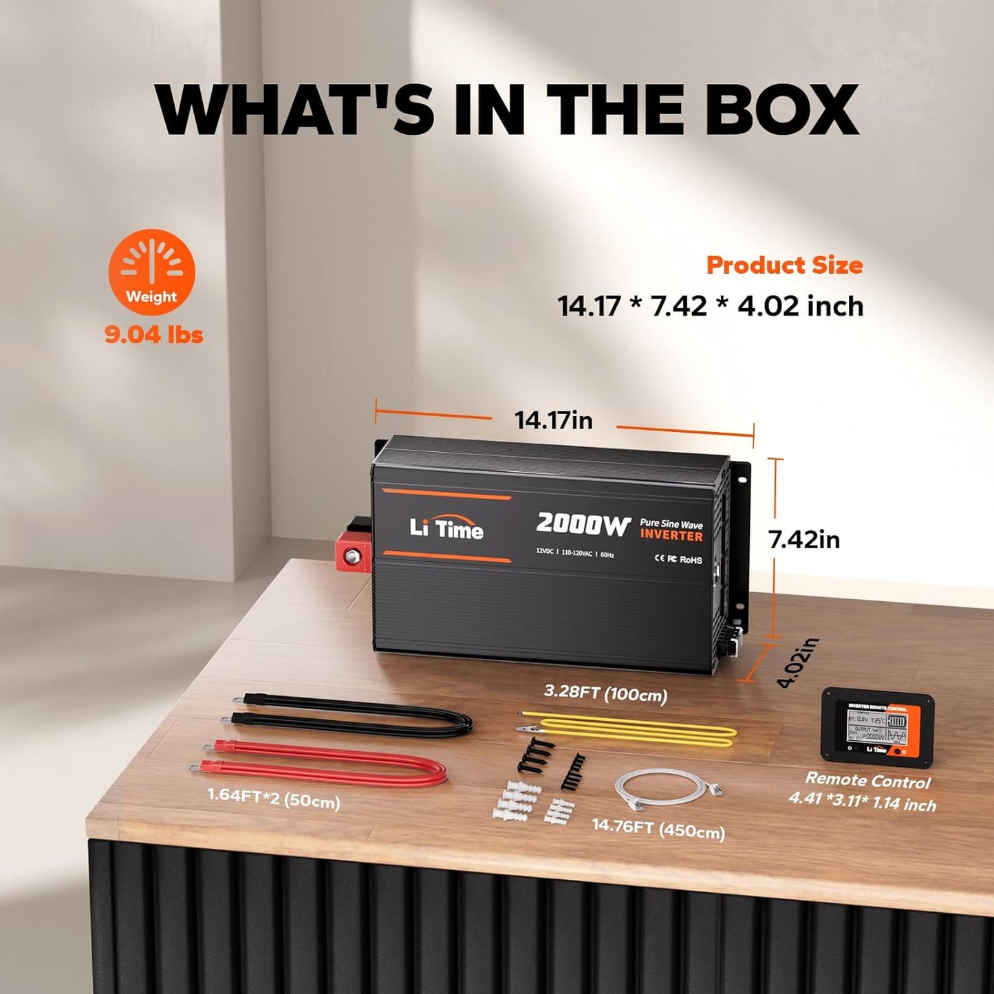 LiTime 2000W Pure Sine Wave Inverter 12V DC to 120V AC Converter with Remote Control, Surge 4000W, Built-in 4 AC Outlets, USB Port, Type-C Port for Home, RV, Camping, Off-Grid, Solar Power