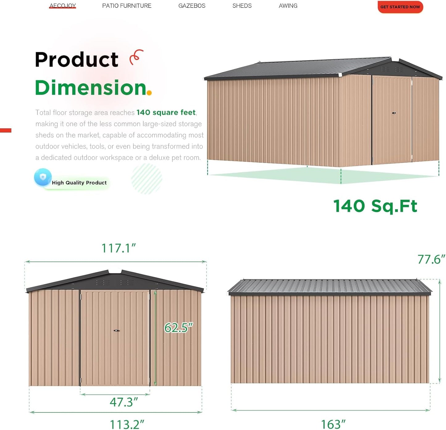 AECOJOY 10' x 14' Shed Metal, Outdoor Storage Sheds & Outdoor Storage 10' x 14' with Lockable Doors, Large Steel Yard Shed, Utility and Tool Storage for Garden, Backyard, Patio, Outside use in Grey