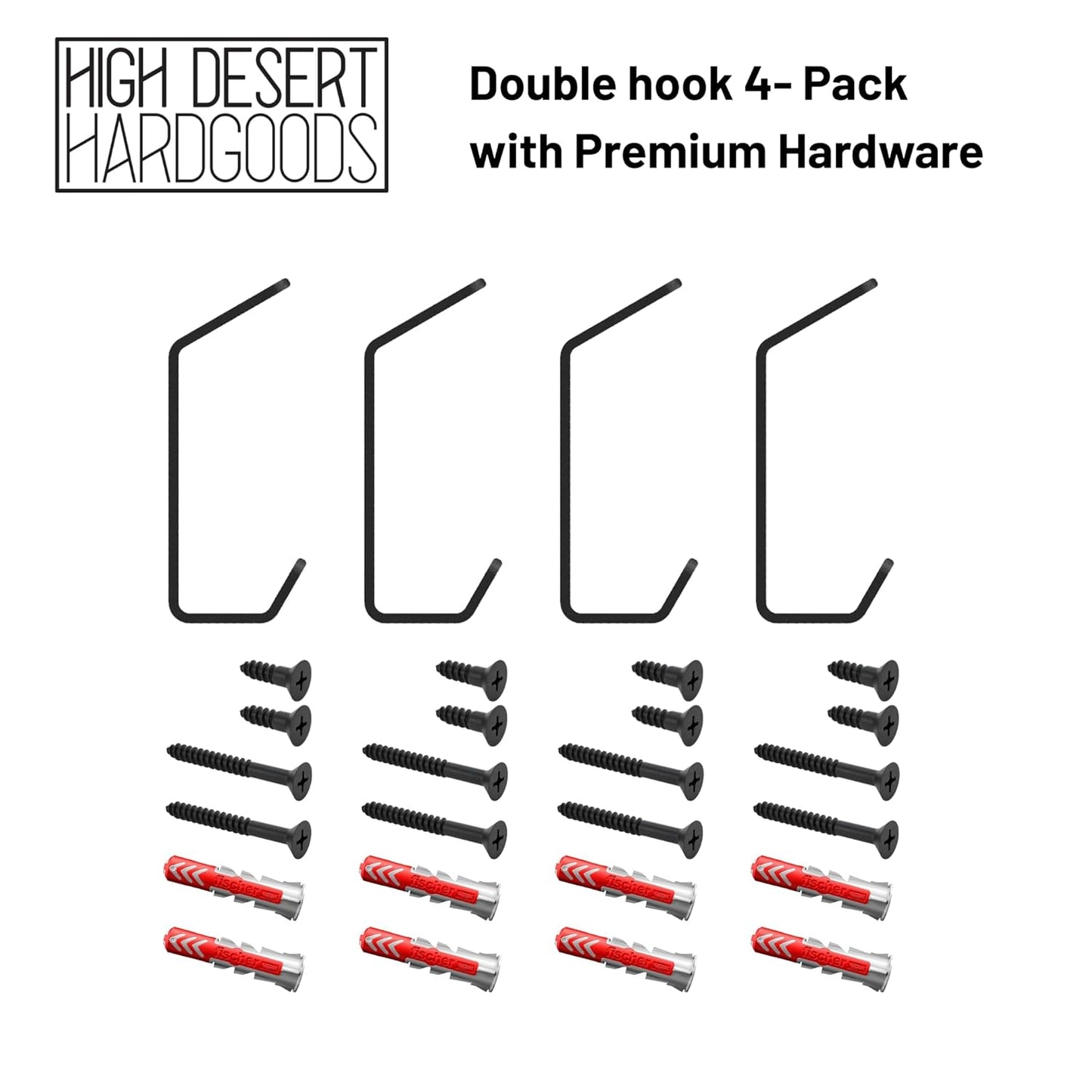 Wall Hooks Double Hook 4-Pack - Made in USA - 50 lb Capacity Stel Coat Hooks, Powder Coated Metal Wall Mount Hooks for Entryway, Garage, Bathroom.