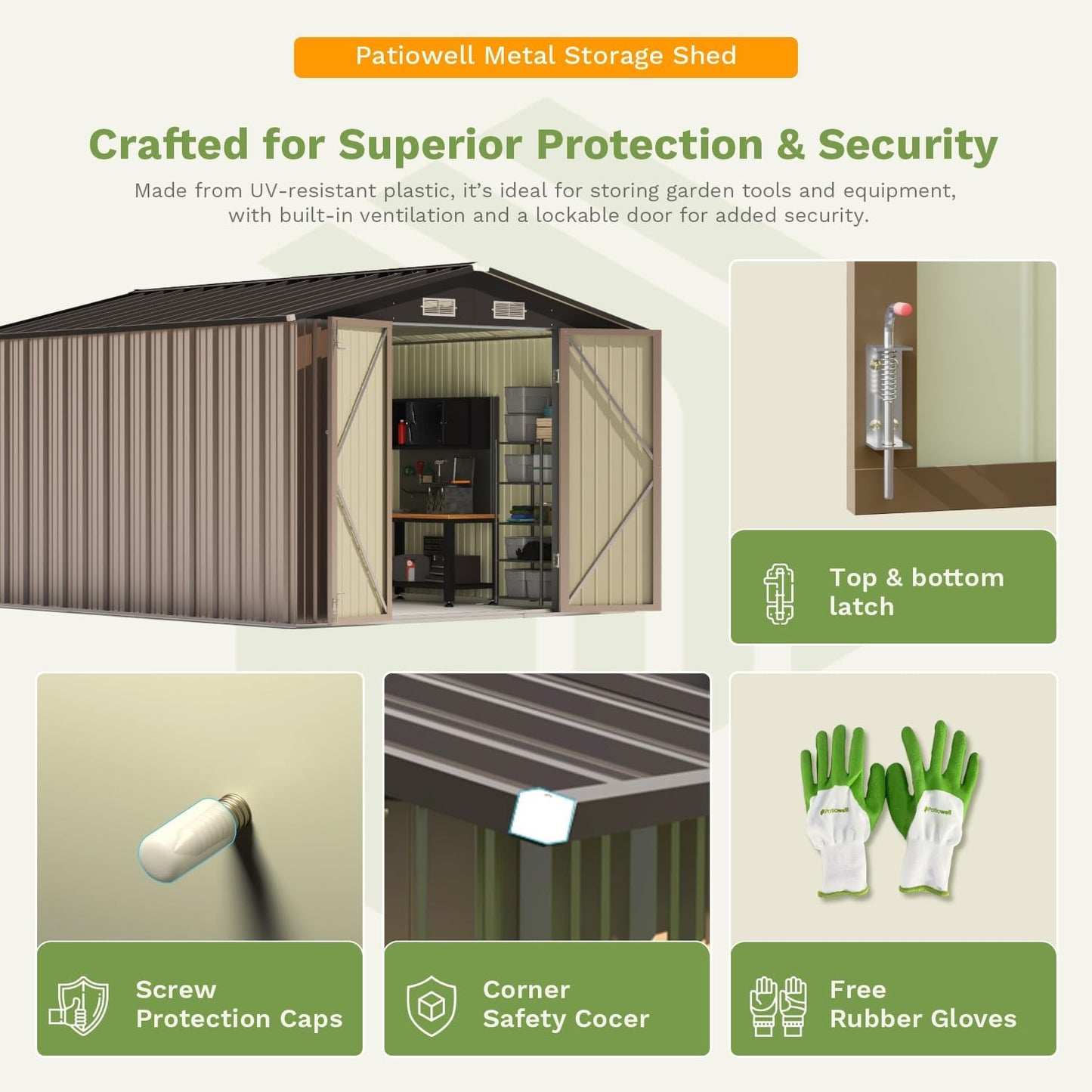 Patiowell 10 x 12 FT Metal Storage Shed for Outdoor, Steel Yard Shed with Design of Lockable Doors, Utility and Tool Storage for Garden, Backyard, Patio, Outside use,Brown