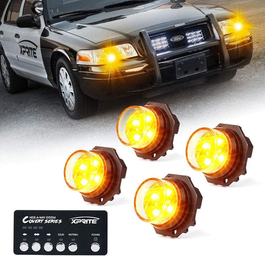 Xprite Amber LED Hideaway Strobe Lights Kit 20 Flashing Patterns w/Control Panel Headlights Taillights Fog Marker Light Mounting, for Construction Emergency Vehicles Trucks SUV Vans 12V Cars 4 PCs