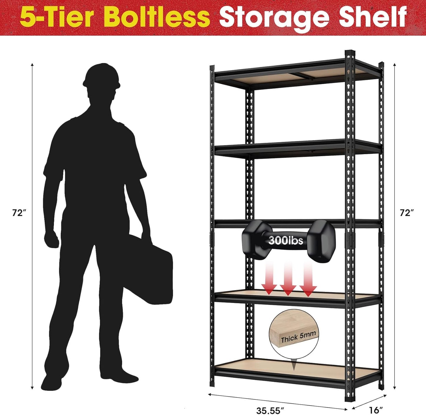 72" H Metal Storage Shelves 1500LBS Heavy Duty,5 Tier Garage Shelving Unit,Adjustable Garage Storage Utility Rack for Kitchen Pantry Basement Bathroom Closet