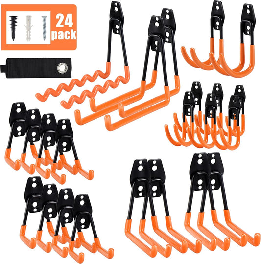 AOBEN Garage Hooks,24Pack Heavy Duty Garage Hanger Organizer Anti-Slip Double Wall Garage Storage Hooks for Ladder, Power Tool,Bike,Ropes (23 Hooks & 1 hoder Strap)-Orange