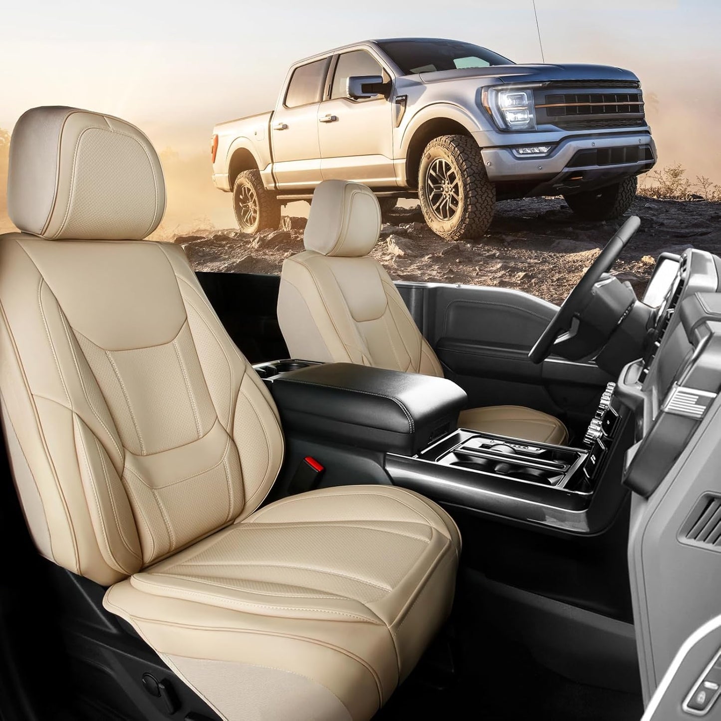 Coverland Custom Car Seat Covers Compatible with 2007-2014 Sierra 2500HD Crew Cab - Premium Leather Non-Slip Memory Foam Waterproof Interior Protector Front Seat-Beige [See Size Chart-Size A38]