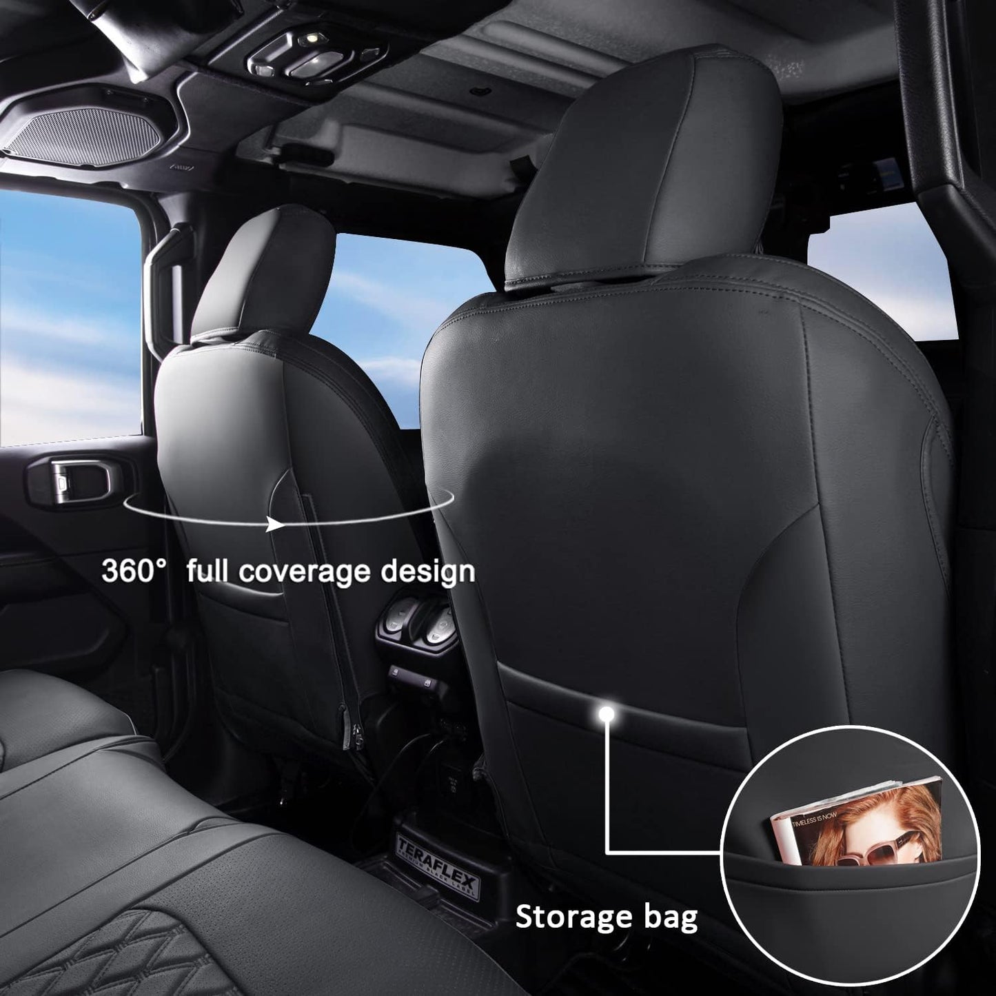 GIANT PANDA Customized Full Set Car Seat Covers for Jeep Wrangler 4 Door JL Sahara Altitude Rubicon 392 Unlimited 2018 2019 2020 2021 2022 2023 2024 2025 with Rear Cup Holder,Faux Leather - (Black)