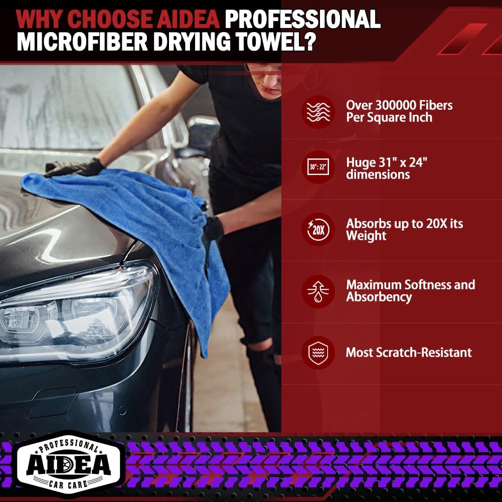 AIDEA Microfiber Towels for Cars-2PK, Large Professional Car Drying Towel, Scratch-Free & Absorbent Drying Towel for Cars, SUVs, RVs, Trucks, and Boats, 24inx 31in, Blue