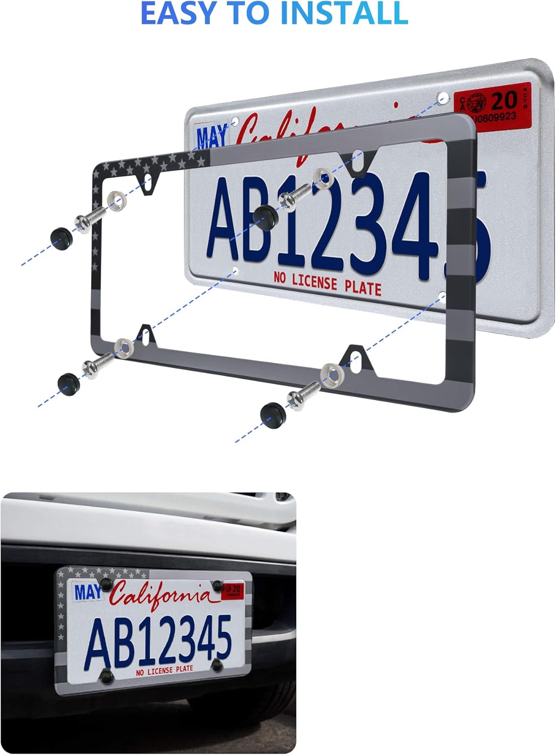 American Flag License Plate Frames - 2 Pack Black Stainless Steel Front Rear Car Tag Frames Printed with Patriotic USA Flag Pattern, with Decals Screws Caps