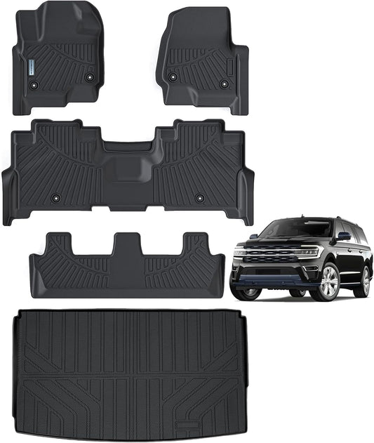 Floor Mats & Trunk mat for 2018-2024 Ford Expedition MAX (Only Fit 8 Seats) (2 Row Bench Seat),TPE All Weather Protection 3 Rows Car Floor Liners with Cargo Liners Accessories