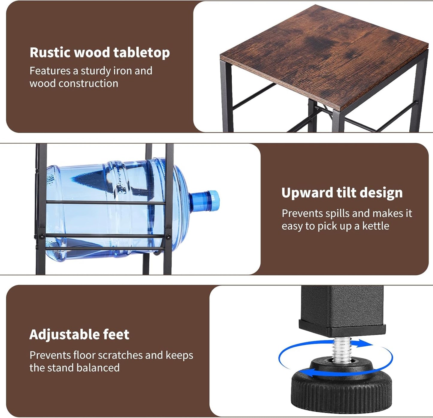 3-Tier 5 Gallon Water Bottle Holder, Heavy Duty Water Jug Rack with Wood Top Shelf, Water Dispenser Stand for Kitchen, Office, Garage