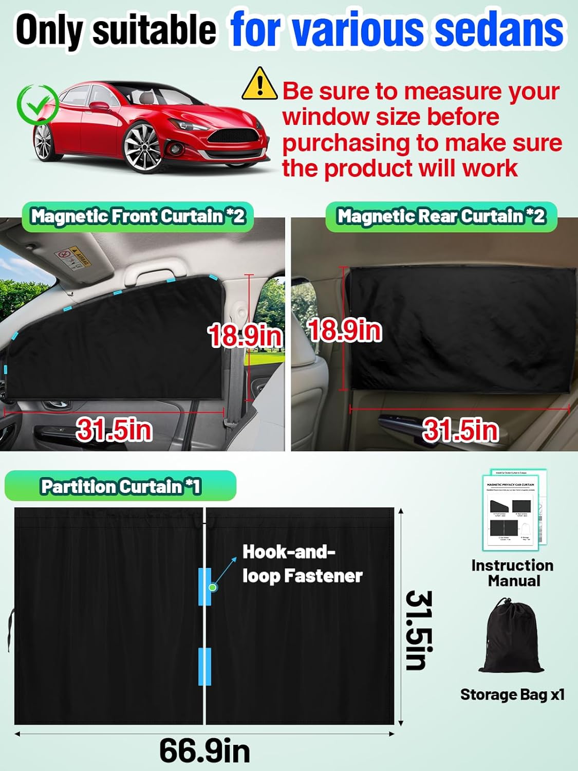 Set of 5 Car Privacy Curtains for Sedan- 4 Magnetic 31.5*18.9in Side Car Window Curtains & 1 Rear Seat Divider Curtain with Storage Bag, Baby Shades Screen Sun Covers for Camping Travel Nap Sleeping