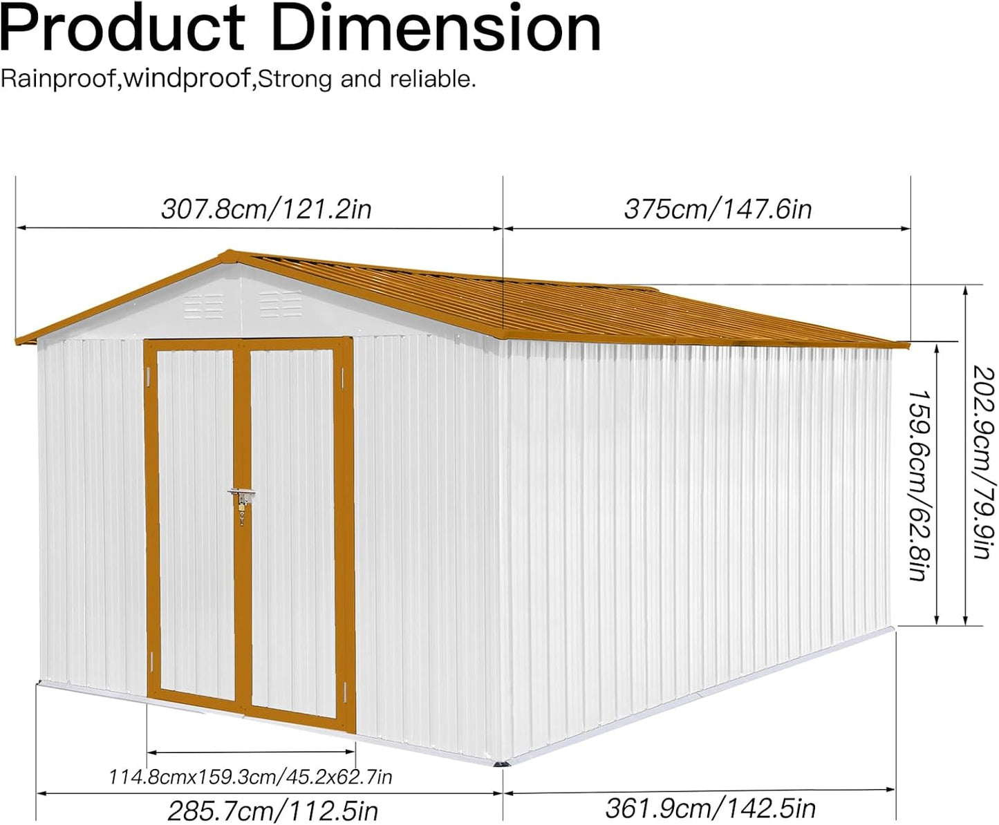 12 x 10 FT Metal Garden Shed, Outdoor Storage Shed with Heavy-Duty Steel Construction, Built-in Punched Vents & Hinged Door, Free Padlock for Secure Backyard, Patio & Garage Storage, White + Yellow