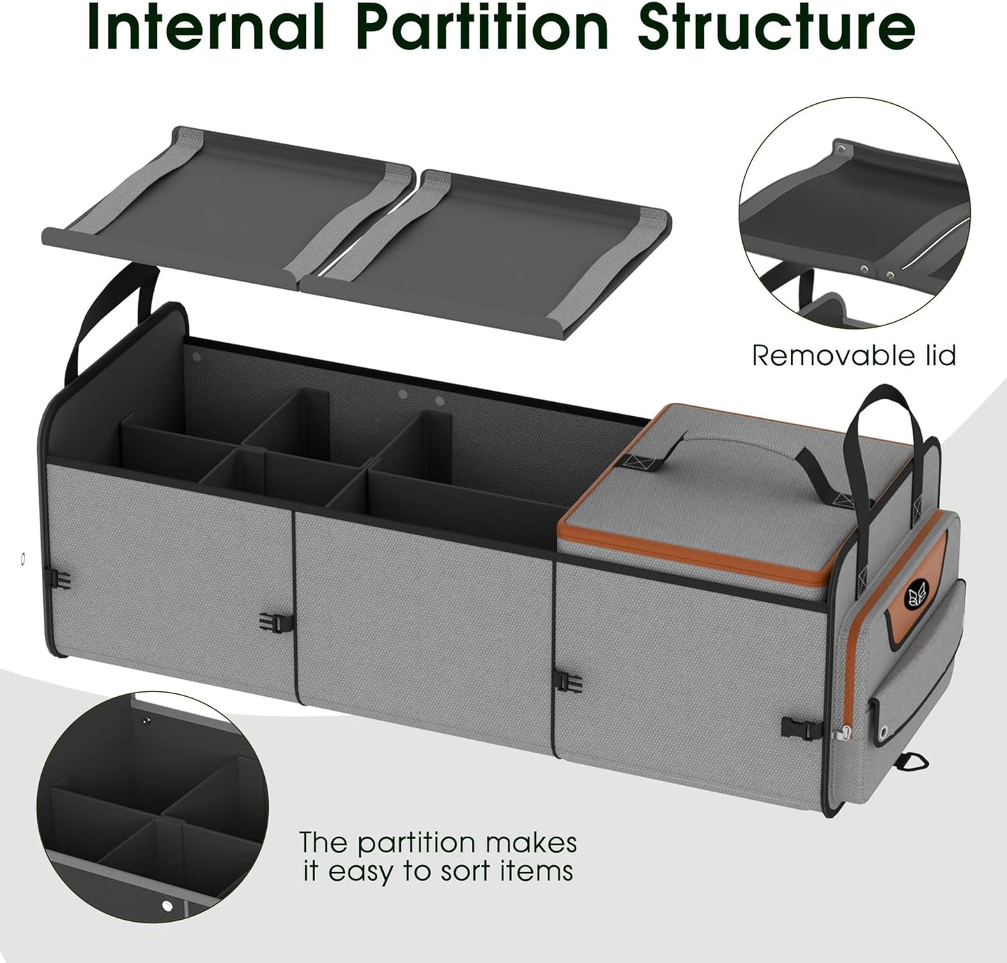 Trunk Organizer, Heavy-Duty Storage for Car & SUV, Foldable Waterproof Car Organizer with Cooler, Collapsible Multi-Compartment Storage, 95L, Grey-M003