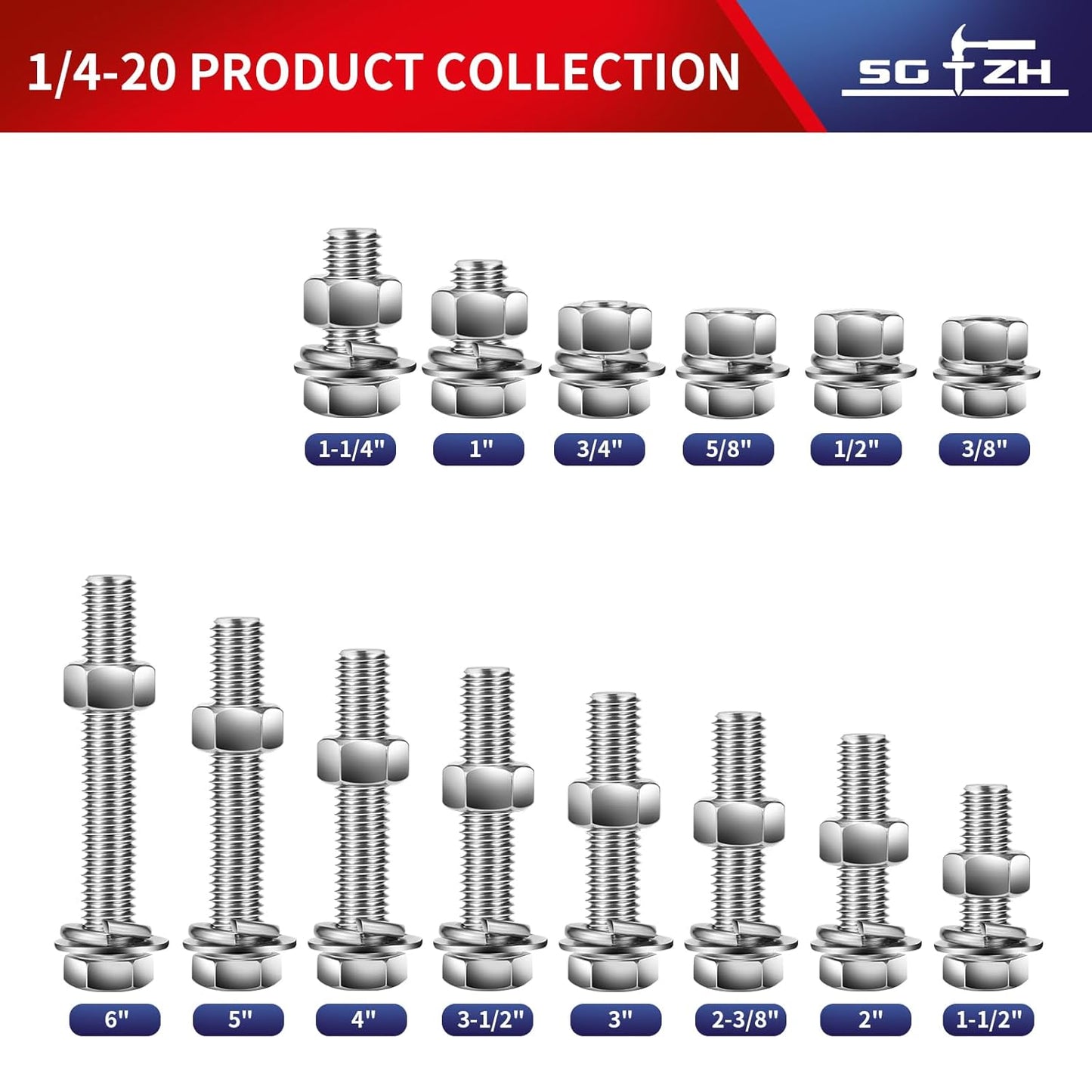 1/4-20 x 6" Hex Head Screw Bolt, Nuts, Flat & Lock Washers, 10Pcs 18-8 (304) Stainless Steel, Fully Threaded, by SG TZH