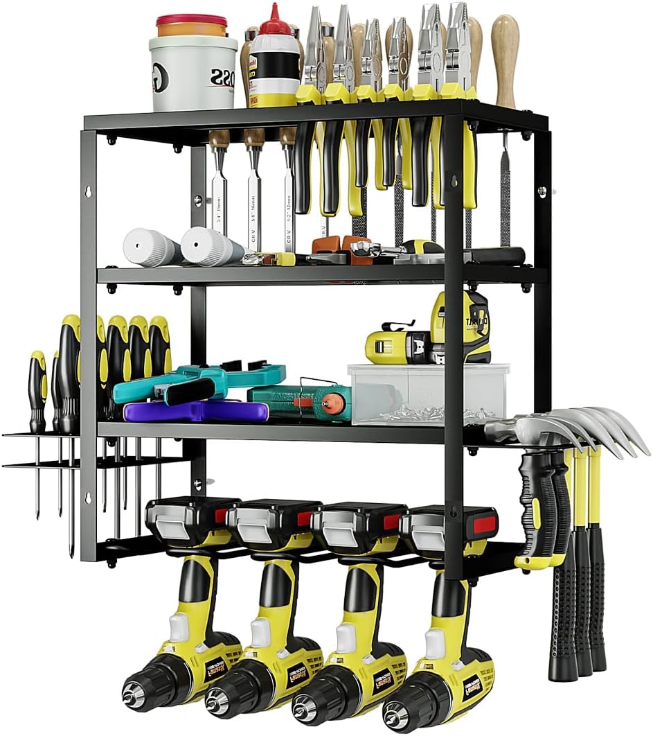 AZERPIAN Tool Organizer Heavy Duty Power Wall Mount for Drill and Cordless Tools Heavy Duty Rack for Garage Organization Workshop Pegboard (3 Layers 4 Slots)