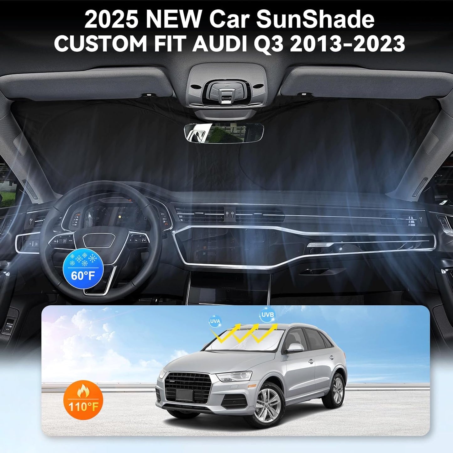 Custom fit Q3 Windshield Sunshade for 2013-2024 2025 2026 Audi Q3 Front Window Shades Cover for Windshield Sun Visor Screen Protector 210T Reflective Blocks UV Rays Cool Car Accessories
