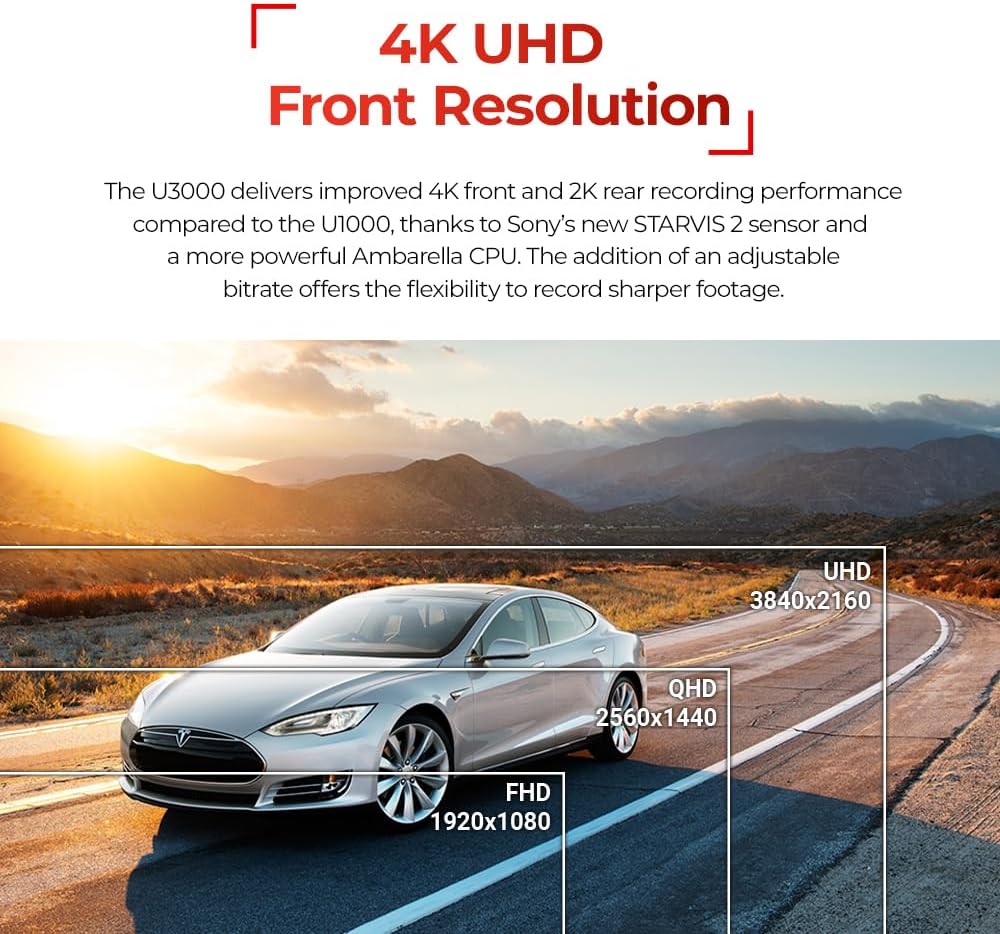 Thinkware 4K Dual Dash Cam, U3000 Front & Rear with Sony STARVIS 2, Radar Parking, Super Night Vision 4.0, Wi‑Fi, GPS