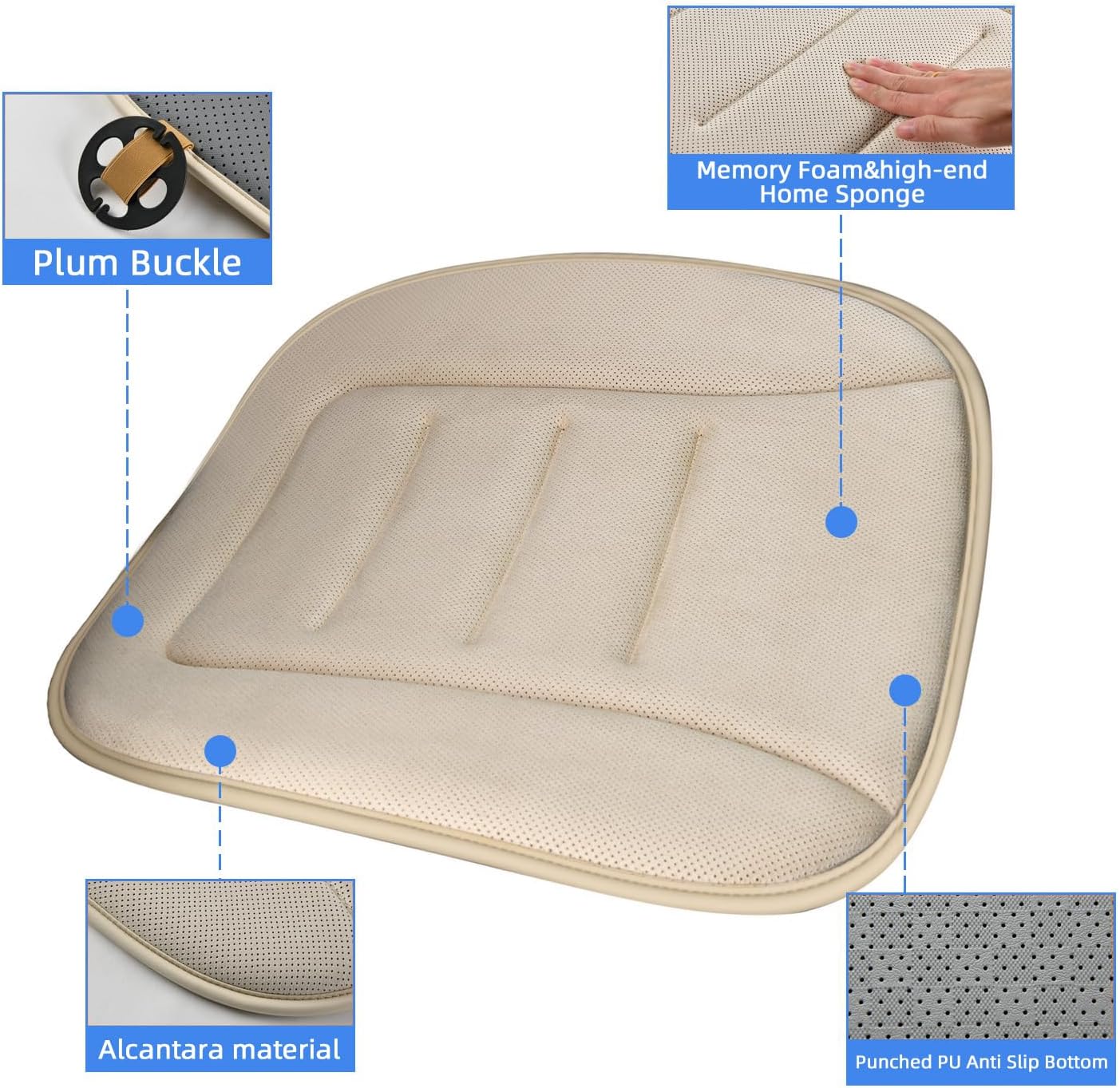 KAYI Car Seat Cushion, Memory Foam Car Seat Cushion, Anti Slip Rubber Bottom Car Seat Cushions for Driving, Suitable for Car and Office Chairs (Cream)