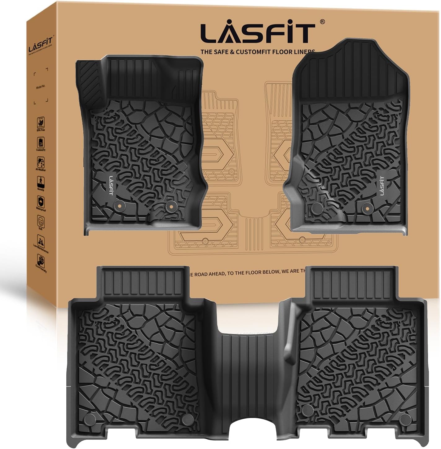 LASFIT Floor Mats for Ford Bronco 4-Door 2025 2024 2023 2022 2021(Not Fit Bronco Sport) TPE All Weather Protector Custom Fit SUV Floor Liners, 1st & 2nd Row, 3pcs Black