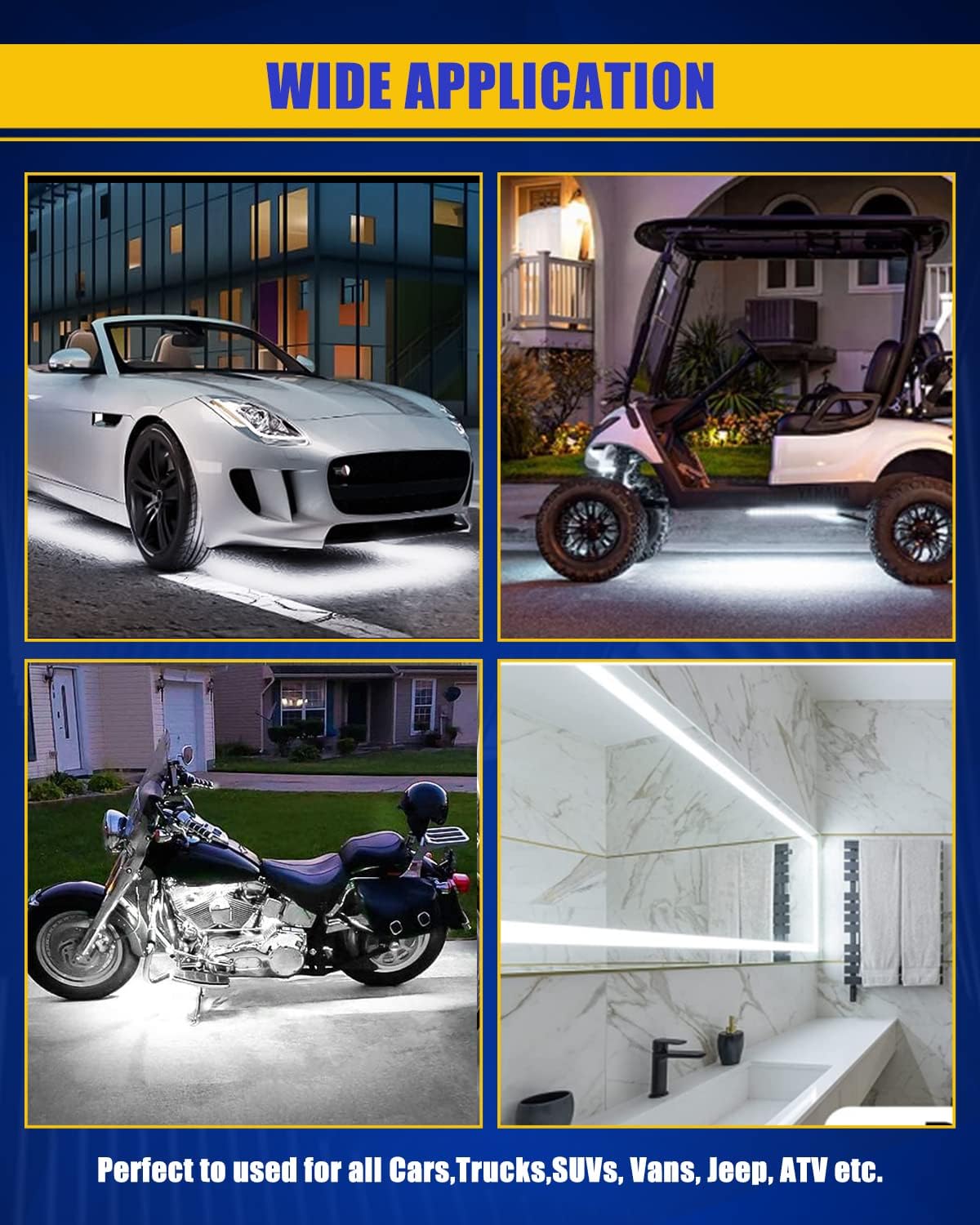 12V Car LED Strip Light,24inch Car Interior Light Strip IP68 Waterproof Cuttable for Car Motorcycles Boat Golf Cart Truck Cargo Home Decoration with Strong Nano Tape,(4PCS)