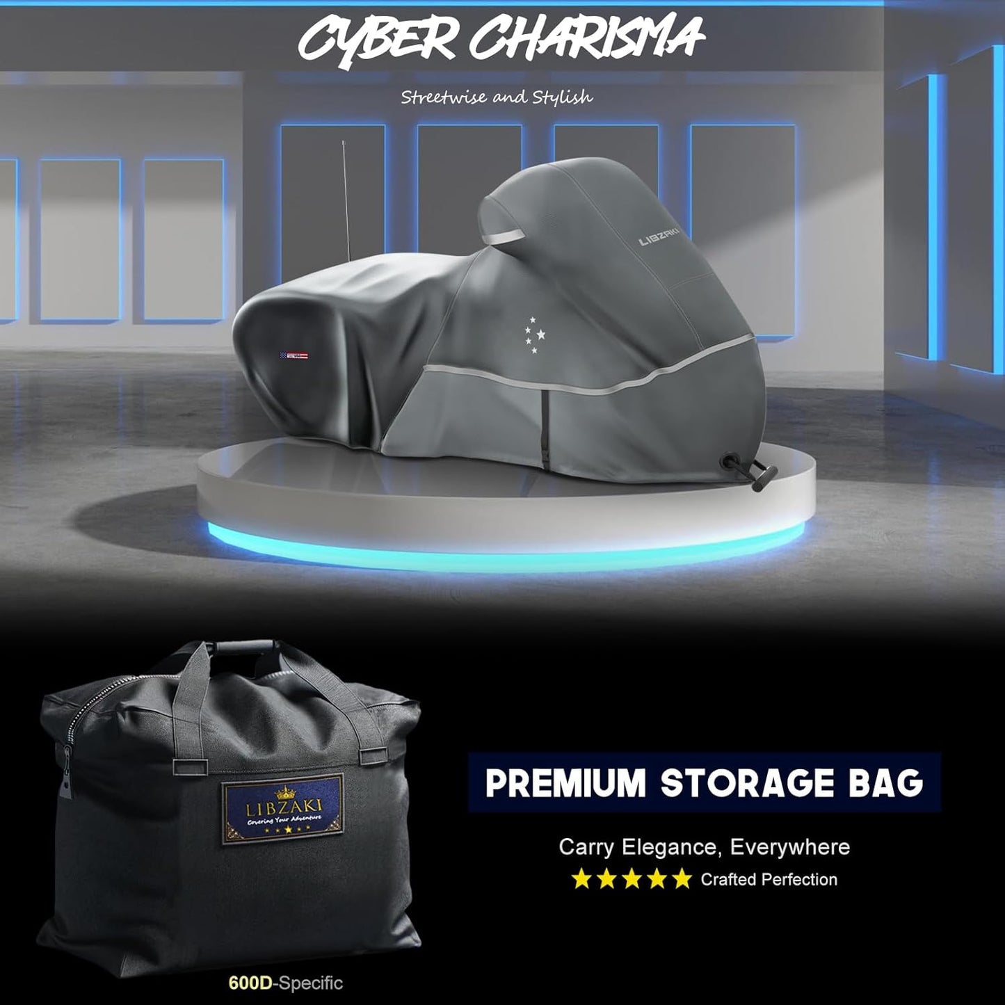 Motorcycle Cover LI LIBZAKI 600D Heavy Duty Storage for Touring Models Harley Davidson Road King,Road Glide,Street Glide, Electra Glide,Heritage Classic,Low Rider-ST,and Most Motorcycles/Gray