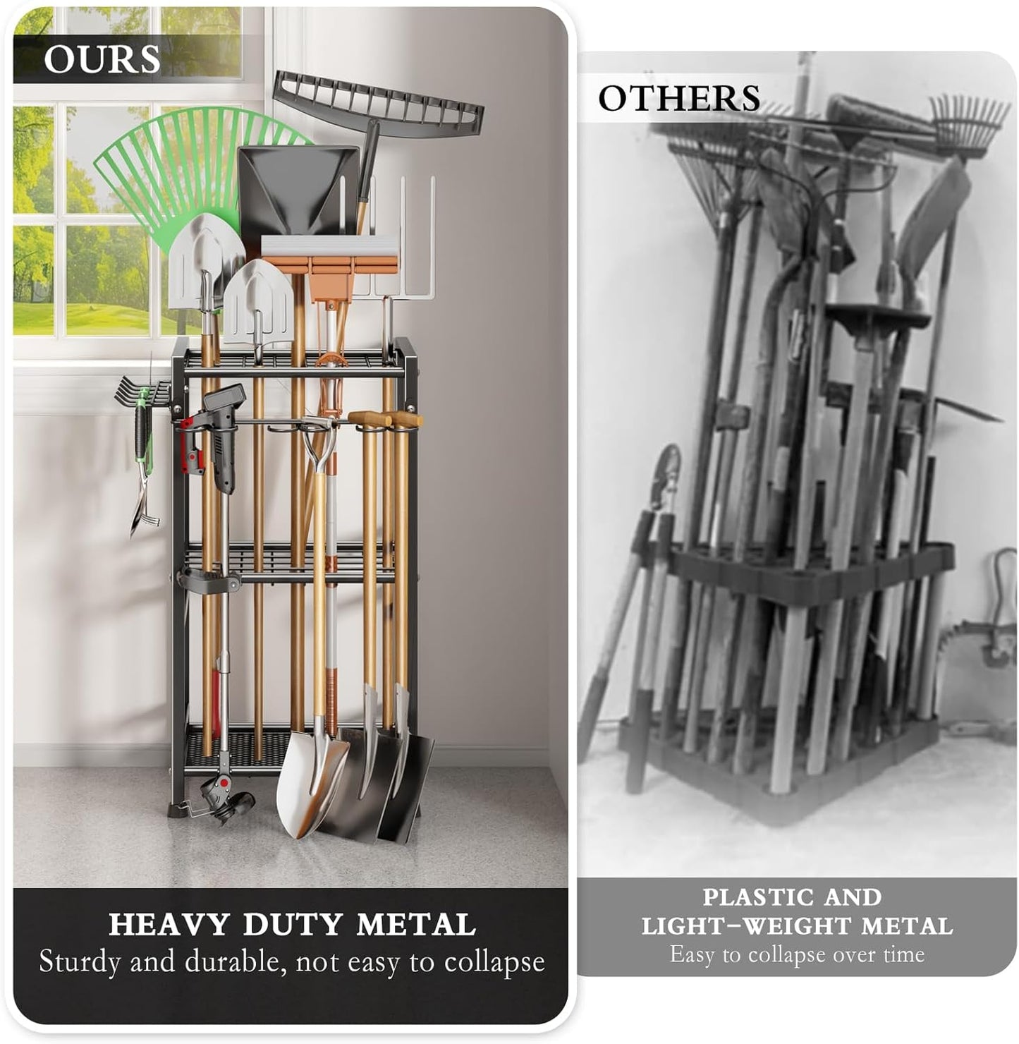 Garden Tool Organizer Storage Metal Yard Tool Organizer Heavy Duty Garden Tool Rack Stand with Extra Hooks, Up To 35 Long Handled Shovels/Rakes/Brooms Holder for Garage,Shed,Outdoor(Black)