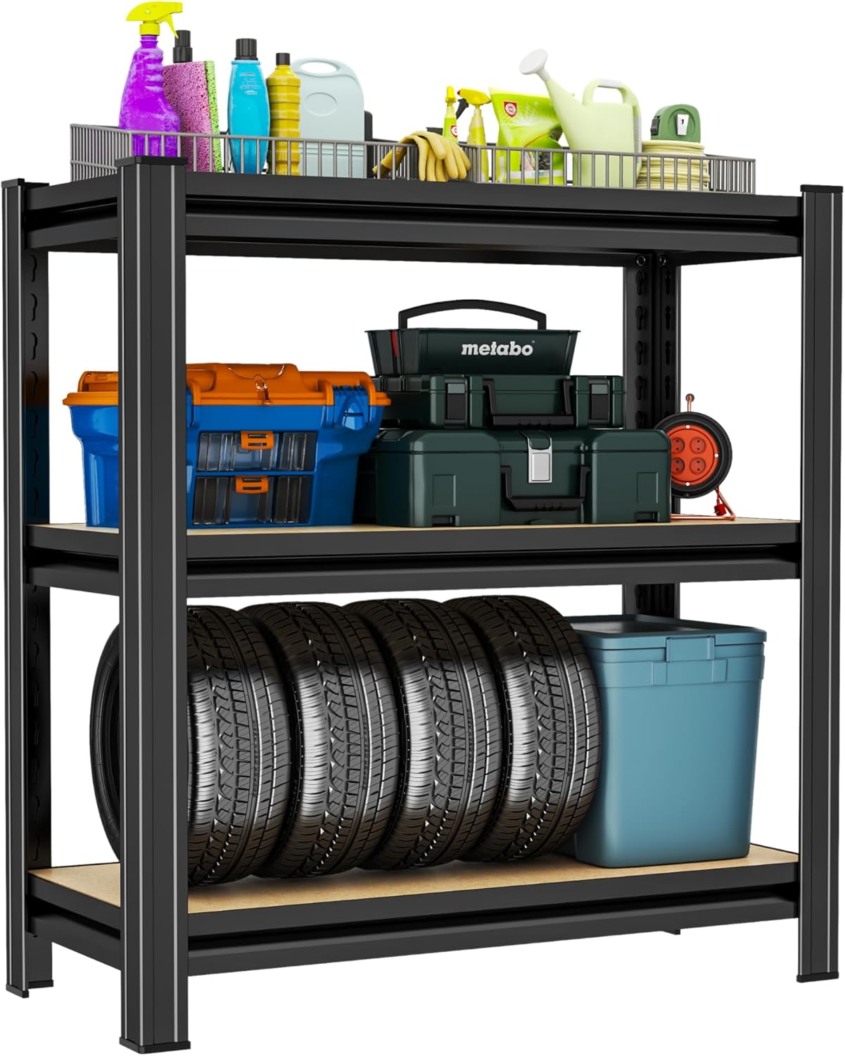 Garage Shelving, 3-Tier Adjustable Storage Shelves, Metal & Wood Pantry Shelf Organizer, Modern Garage Shelving Unit, Utility Storage, 29" W x 30" H x 12" D