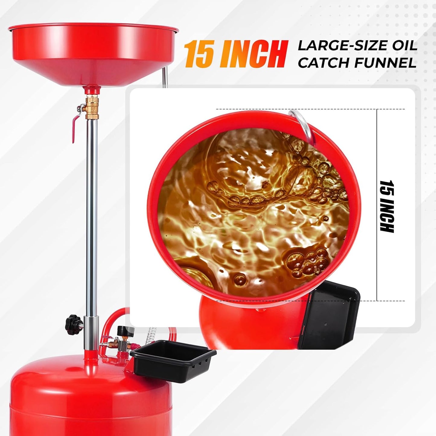 20 Gallon Waste Oil Drain Tank Portable Air Operated Oil Drainer with Adjustable Funnel Height 38-65 Inches 15 Inch Funnel Fluid Fuel Transfer Drain Container with 360 Degree Wheels and Toolbox Red