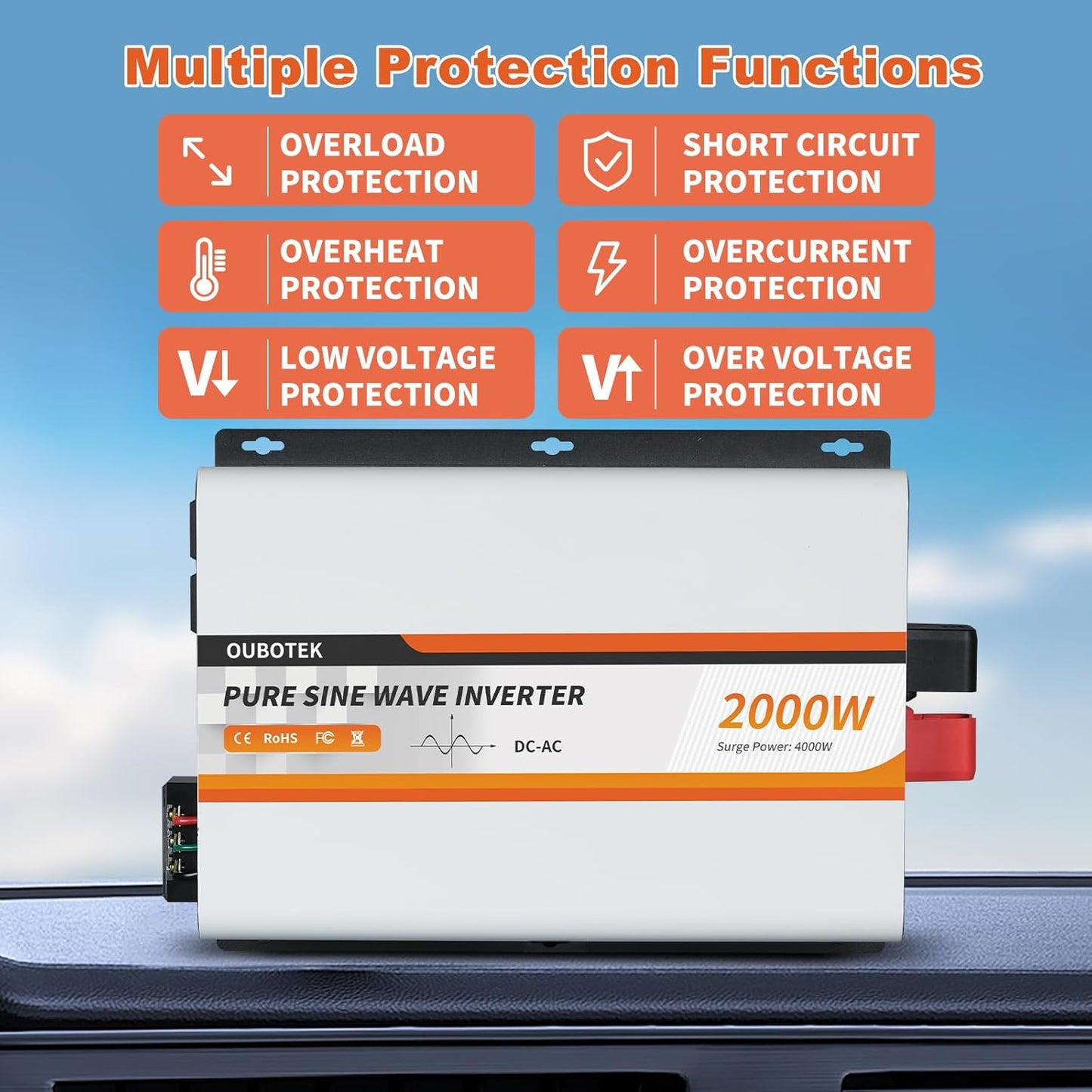 2000W Pure Sine Wave Inverter 24V DC to 120V AC Converter for Truck Boat Camping Outdoor Solar System, 2000 Watt Power Inverter with LCD Display, Remote Controller, USB Port, 4 AC Outlets