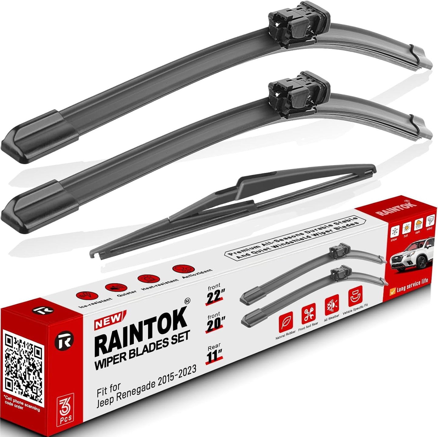 Windshield Wiper Blades Replacement for 2015-2023 Jeep Renegade Original Factory Quality Front Rear Wipers Blade Set for My Car - 22" 20" 11" (Pack of 3)