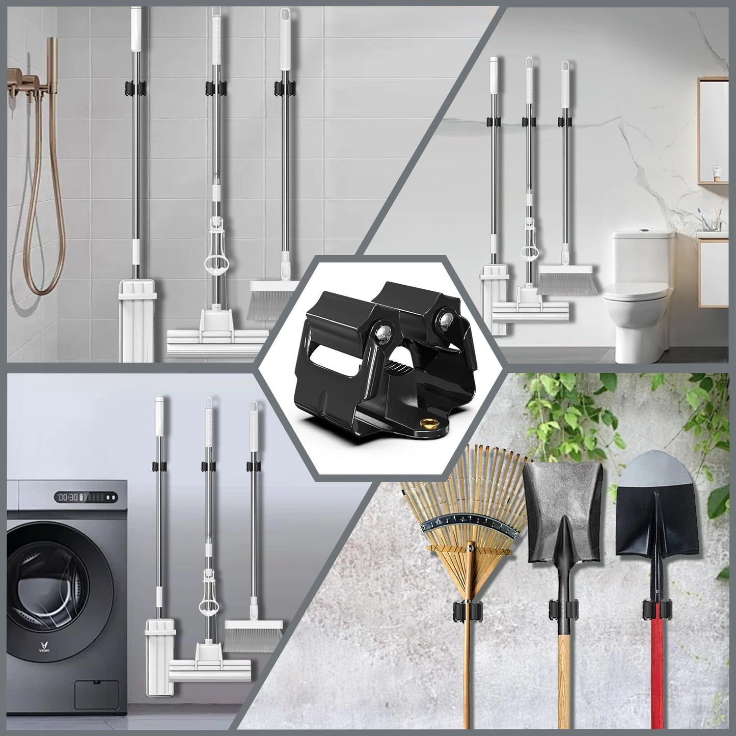 Mop and Broom Holder Big Size Hanging 1 KG Extra,Broom Holder 12 Pack,Wall Mount for organizing mop broom in Garden Laundry Room Cleaning Bathroom Kitchen Garage(Black)